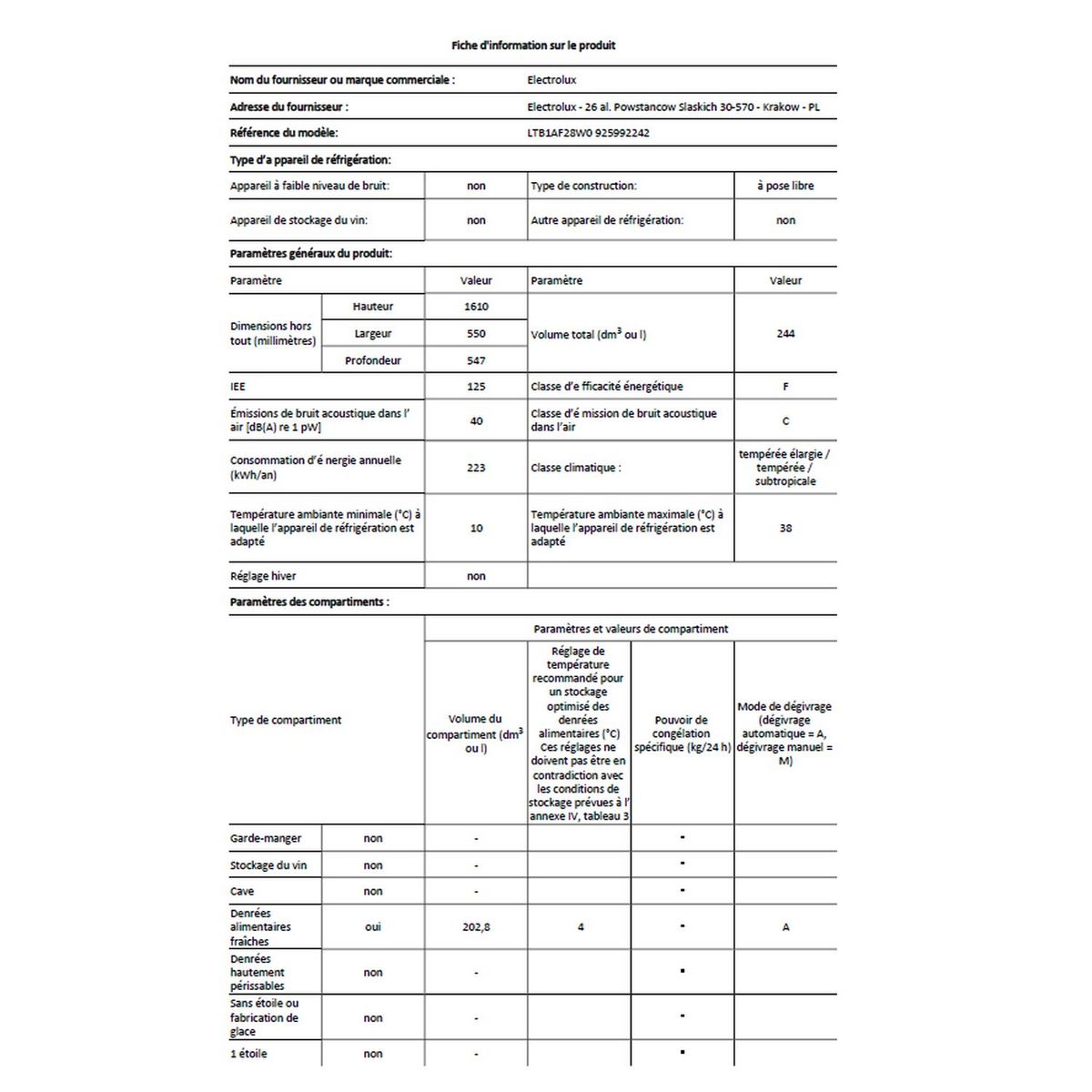 ELECTROLUX Réfrigérateur 2 portes LTB1AF28W0, 244 L, Froid statique, F