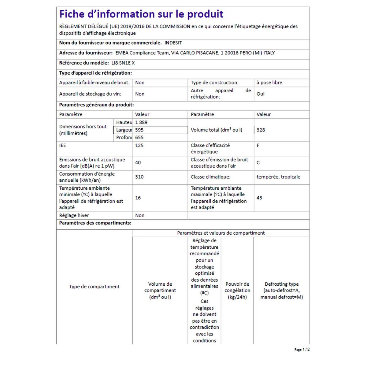 INDESIT Réfrigérateur combiné LI8SN1EX, 328 L, Froid statique, F
