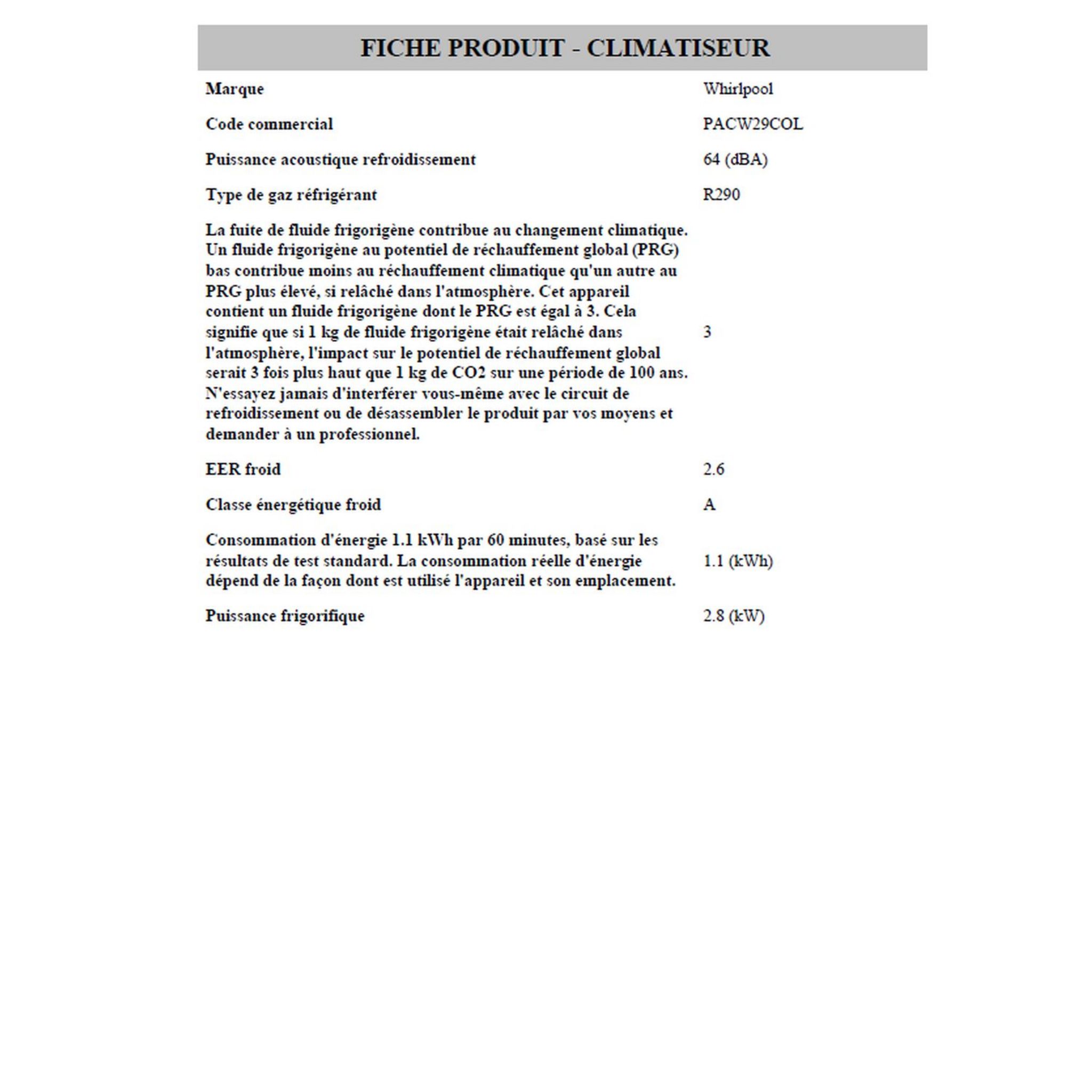 Voir la diapositive 12 : WHIRLPOOL Climatiseur mobile PACW29COL - Blanc