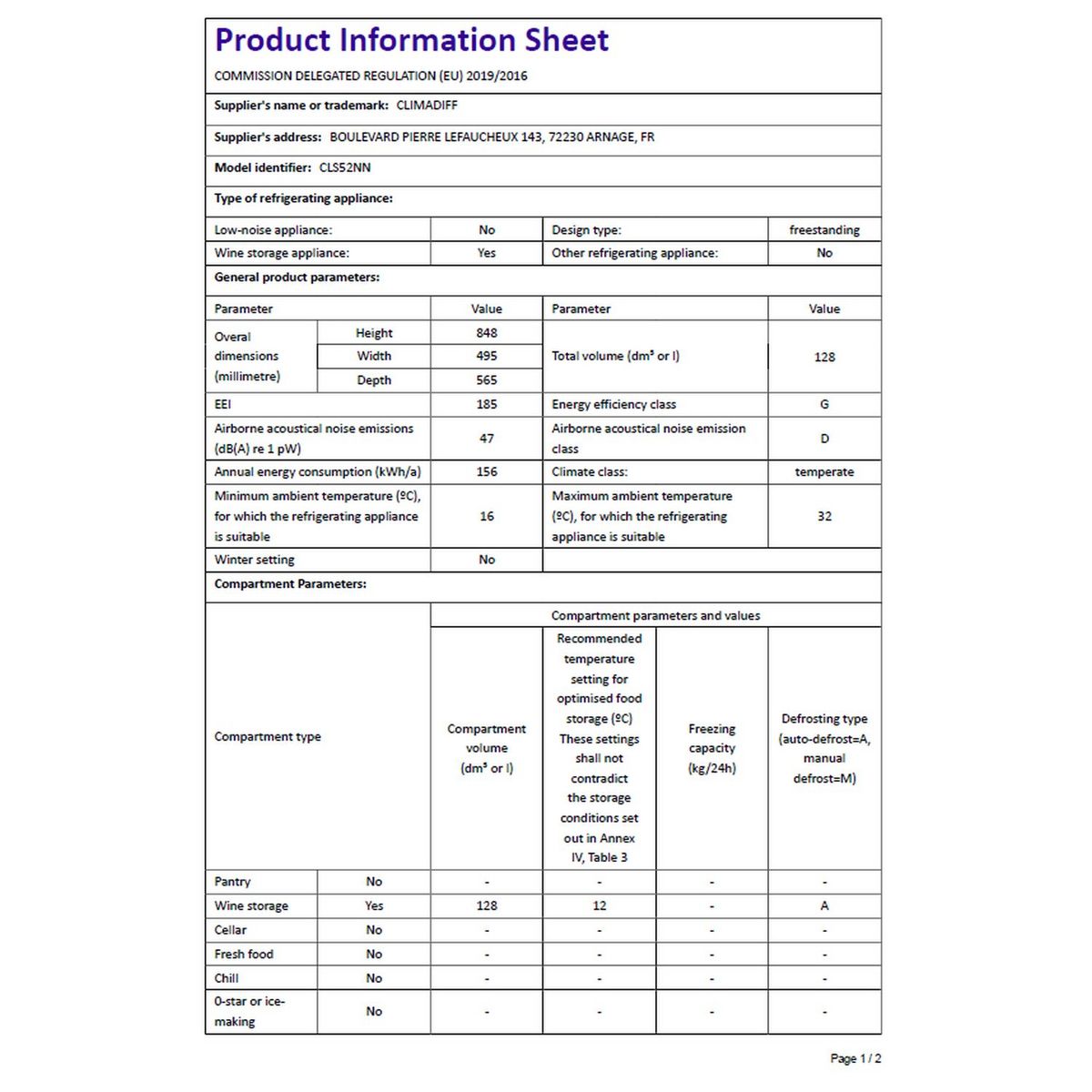 CLIMADIFF Cave de service CLS52NN, 53 bouteilles, 47 dB, Porte vitrée, G
