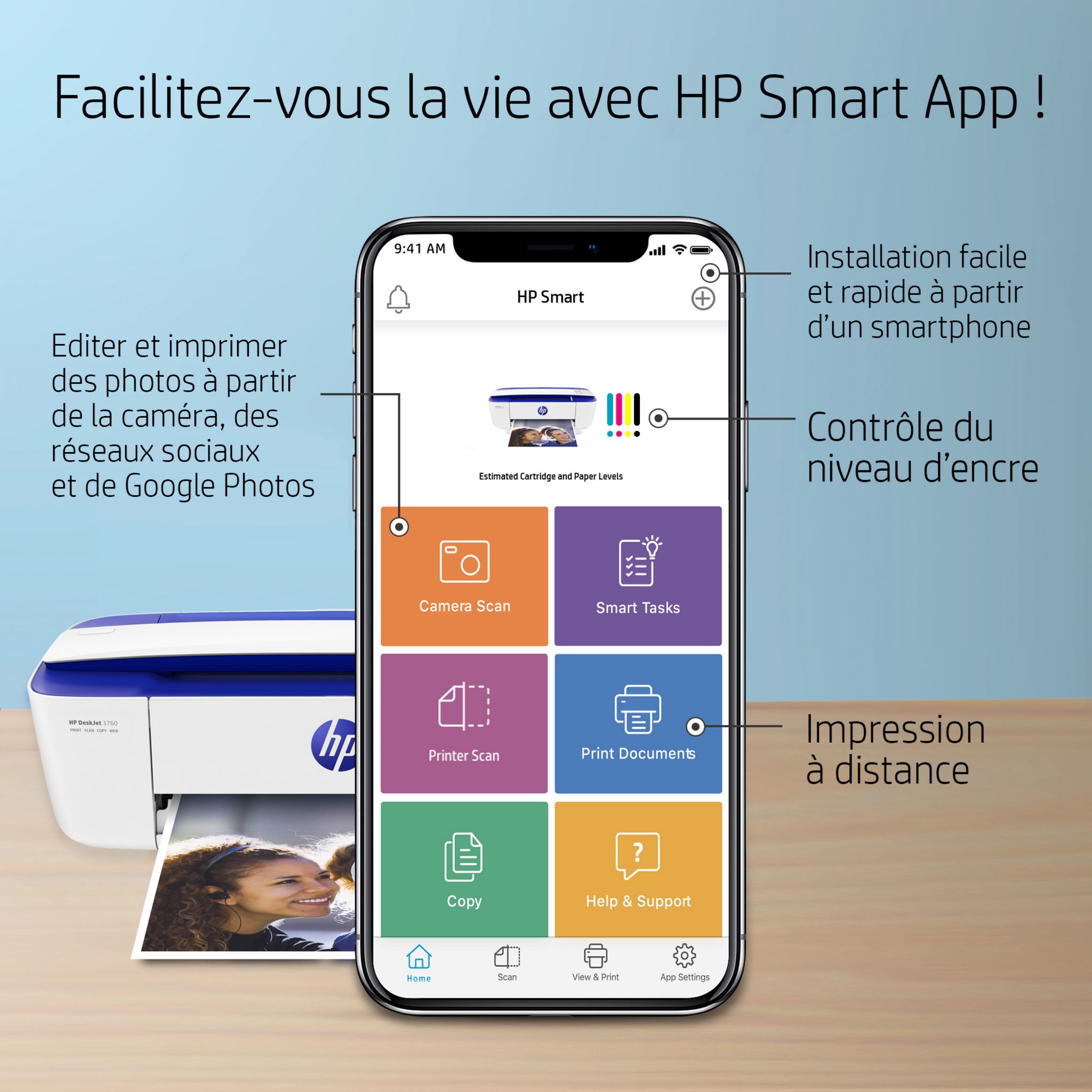Voir la diapositive 7 : HP Imprimante DESKJET 3760 - Blanc et bleu