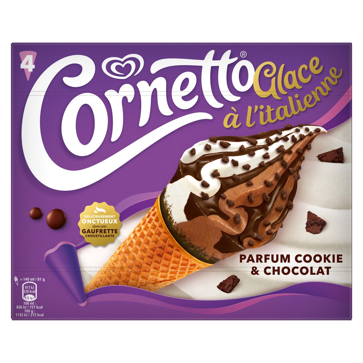 CORNETTO Glace à l'italienne cookie chocolat 4 pièces 324g
