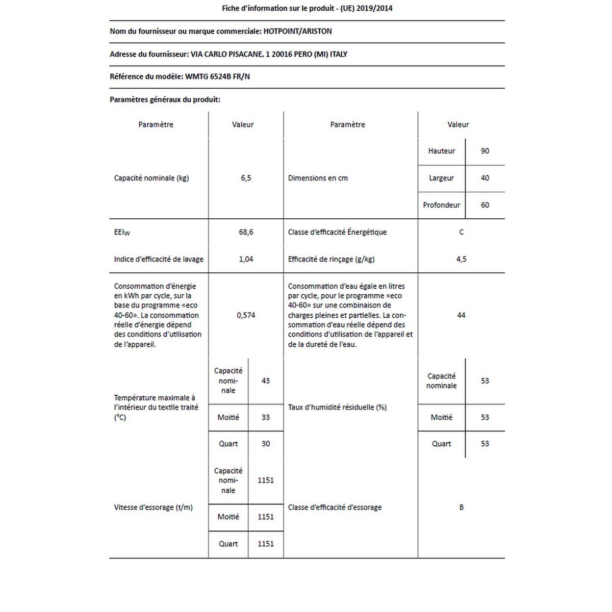 HOTPOINT Lave linge top WMTG6524BFR, 6.5 Kg, 1200 T/min