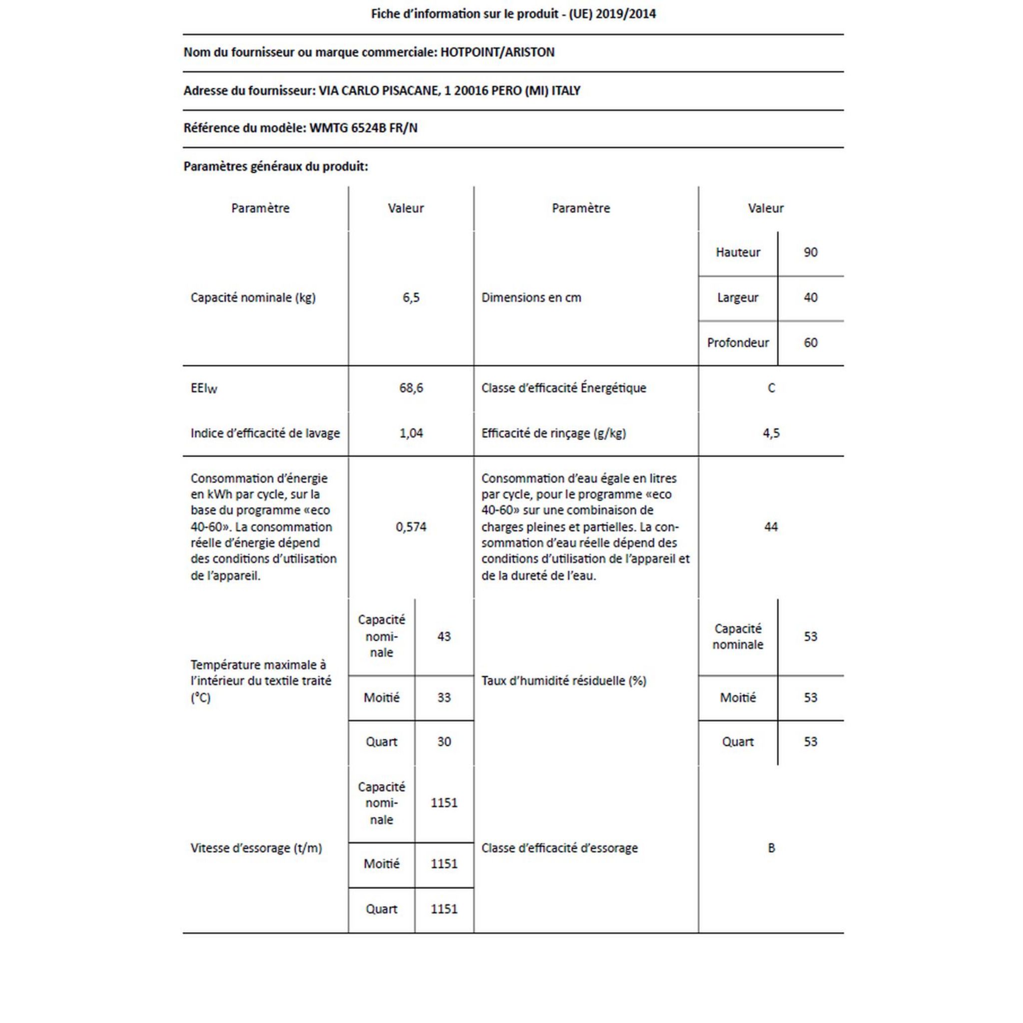 Voir la diapositive 2 : HOTPOINT Lave linge top WMTG6524BFR, 6.5 Kg, 1200 T/min
