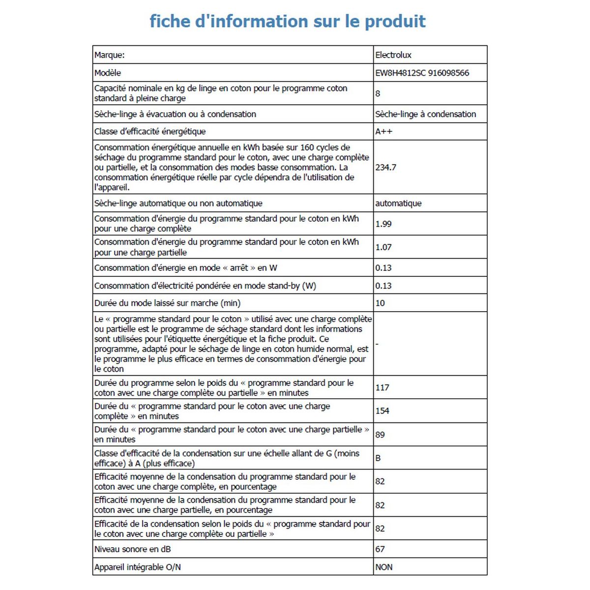 ELECTROLUX Sèche linge porte pleine EW8H4812SC, 8 kg, Condensation, Pompe à chaleur, A++