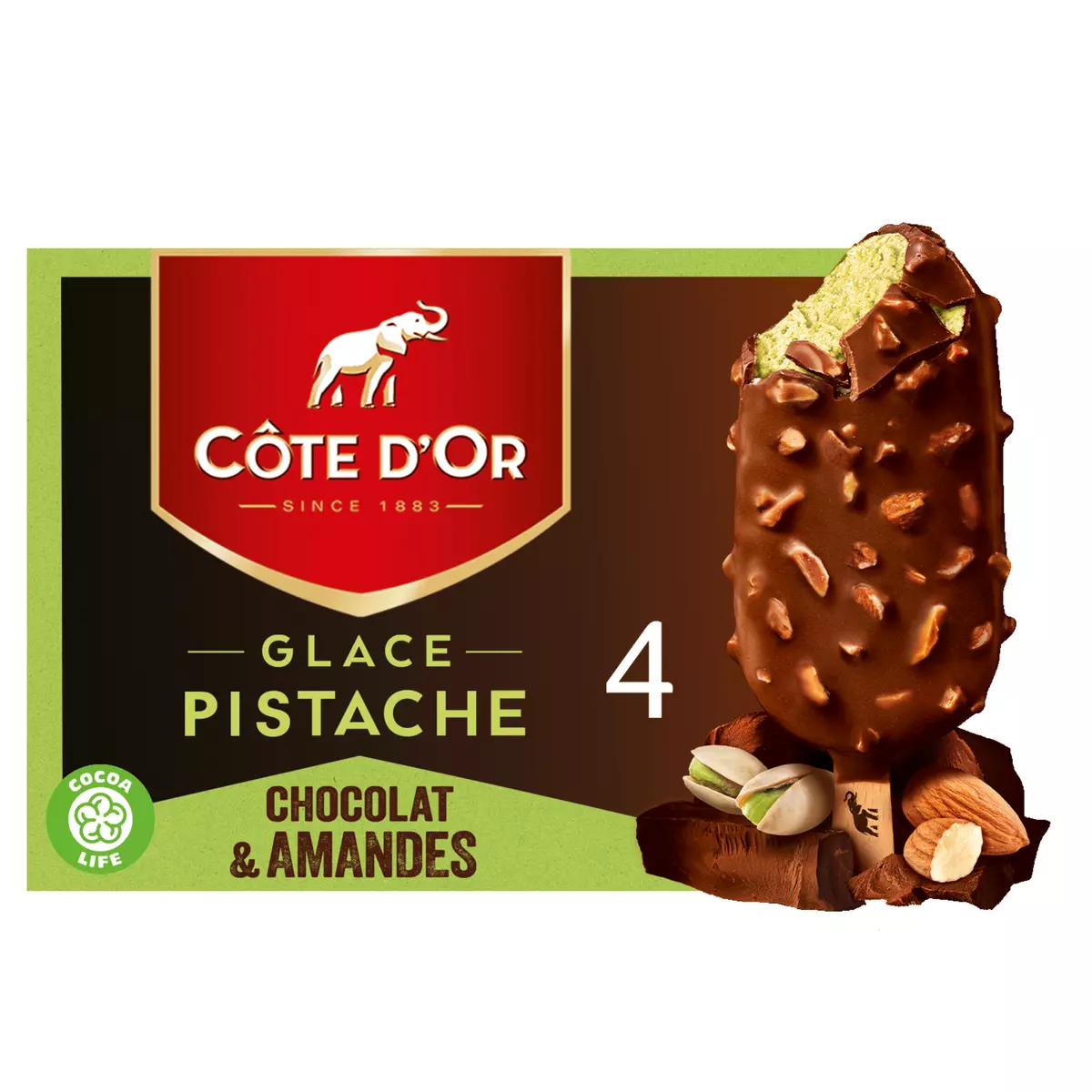 COTE D'OR Bâtonnet glacé pistache chocolat et amandes 4 pièces 260g