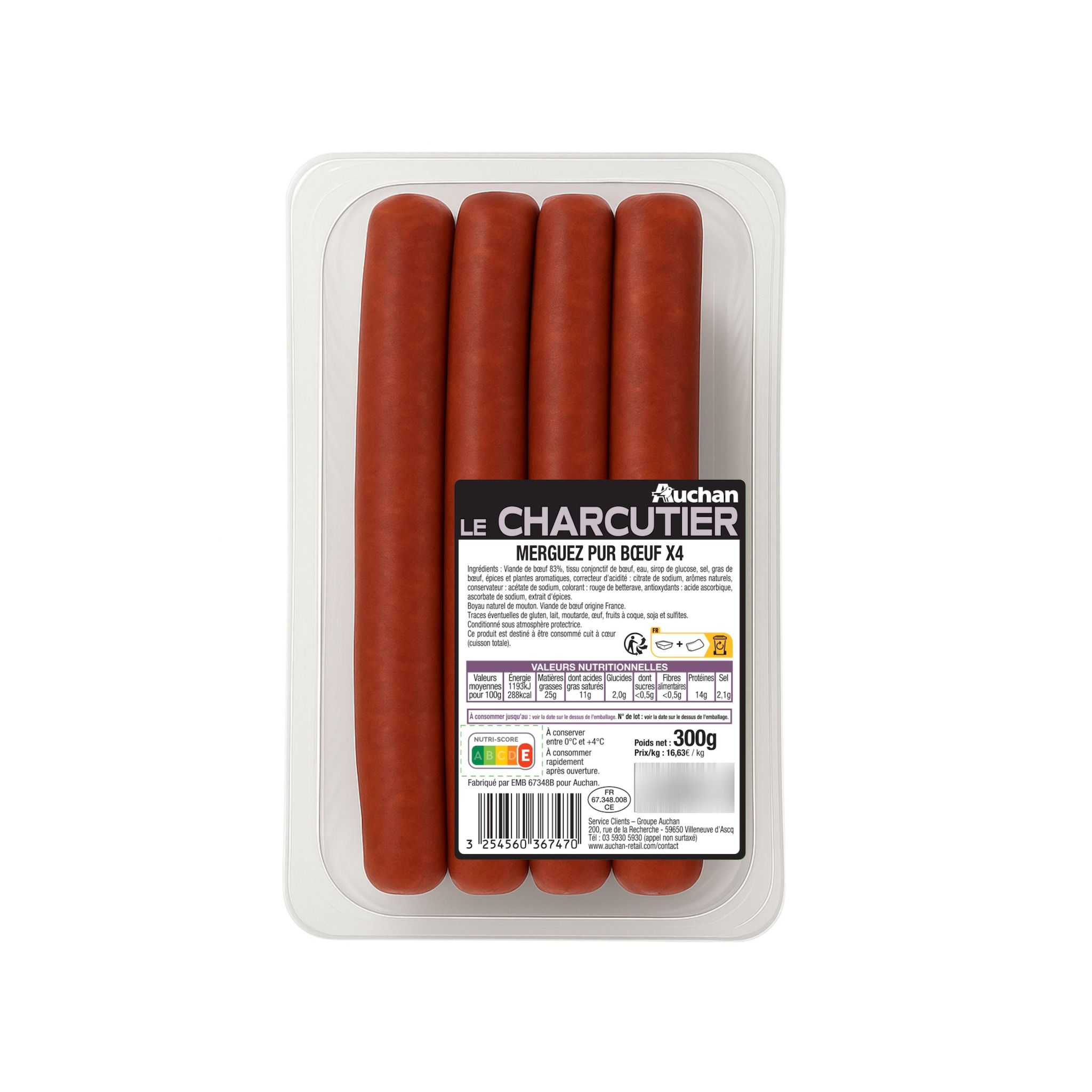 AUCHAN LE CHARCUTIER Merguez pur bœuf 4 pièces 300g