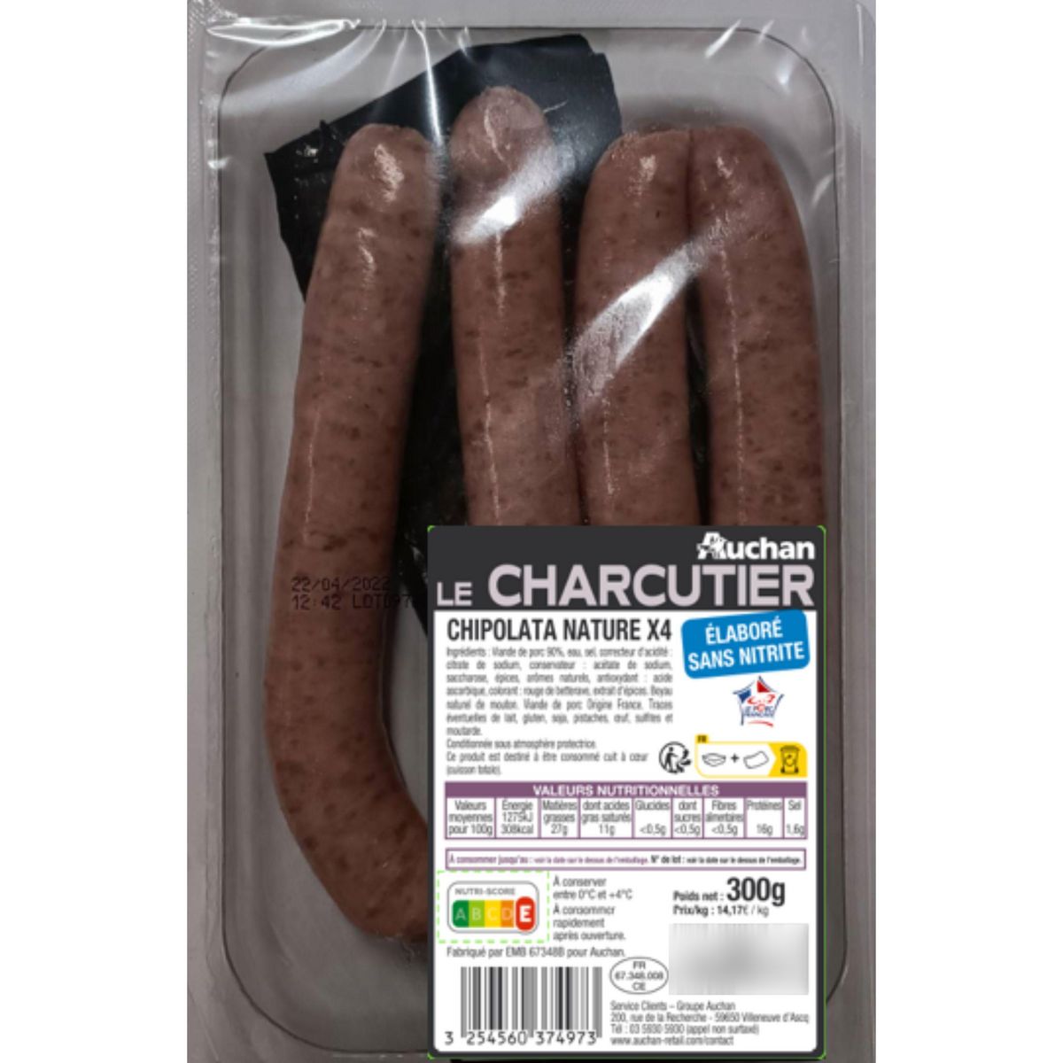 AUCHAN LE CHARCUTIER Chipolata nature 4 pièces 335g