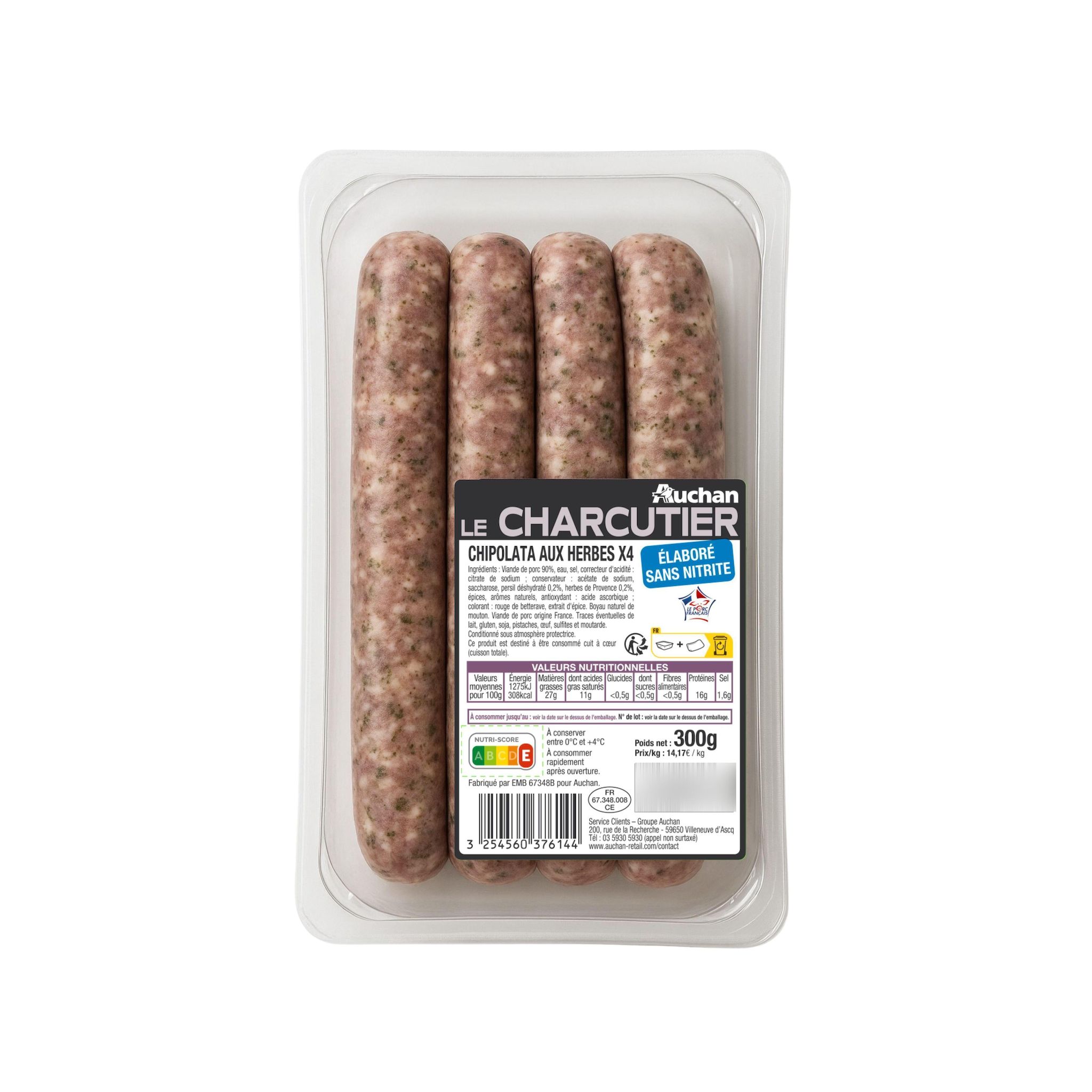 AUCHAN LE CHARCUTIER Chipolatas aux herbes 4 pièces 300g