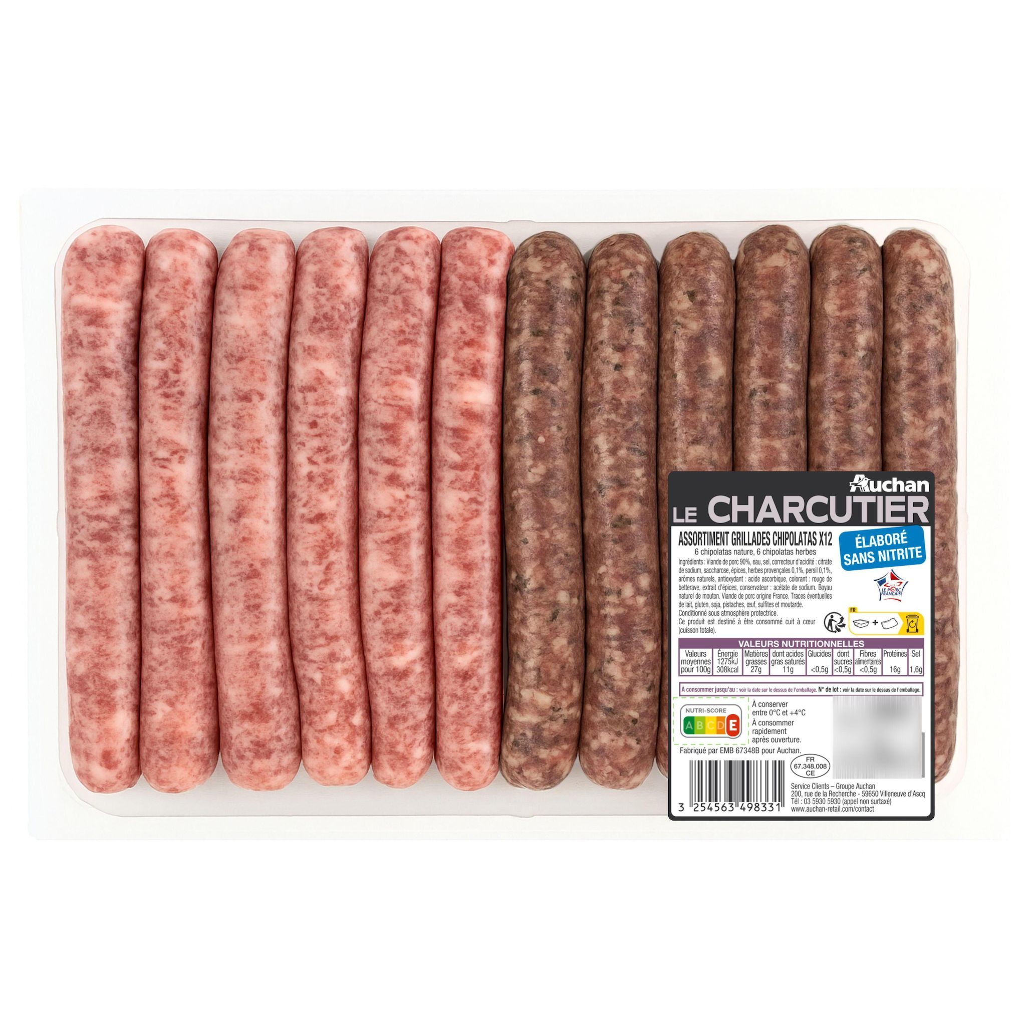 AUCHAN LE CHARCUTIER Assortiment grillades chipolatas 12 pièces 900g