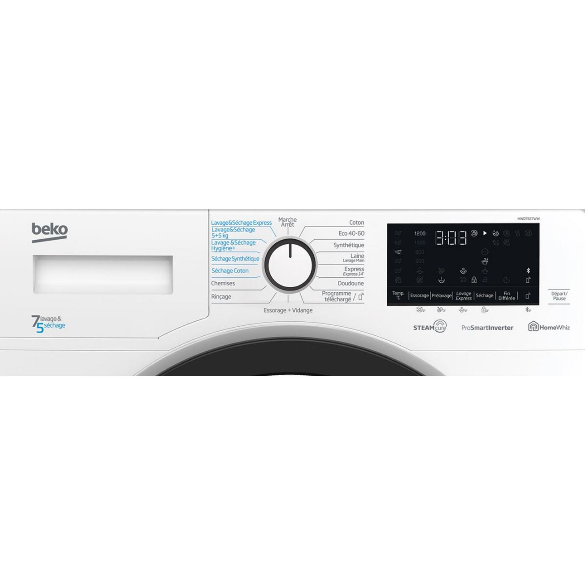 Voir la diapositive 4 : BEKO Lave linge séchant hublot HWD7527WW, 7 kg lavage, 5 kg séchage, 1200 T/min, Condensation, C