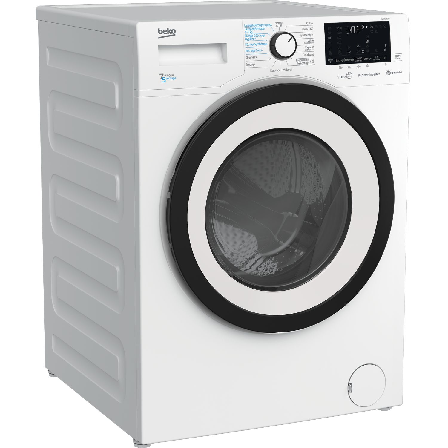 Voir la diapositive 5 : BEKO Lave linge séchant hublot HWD7527WW, 7 kg lavage, 5 kg séchage, 1200 T/min, Condensation, C