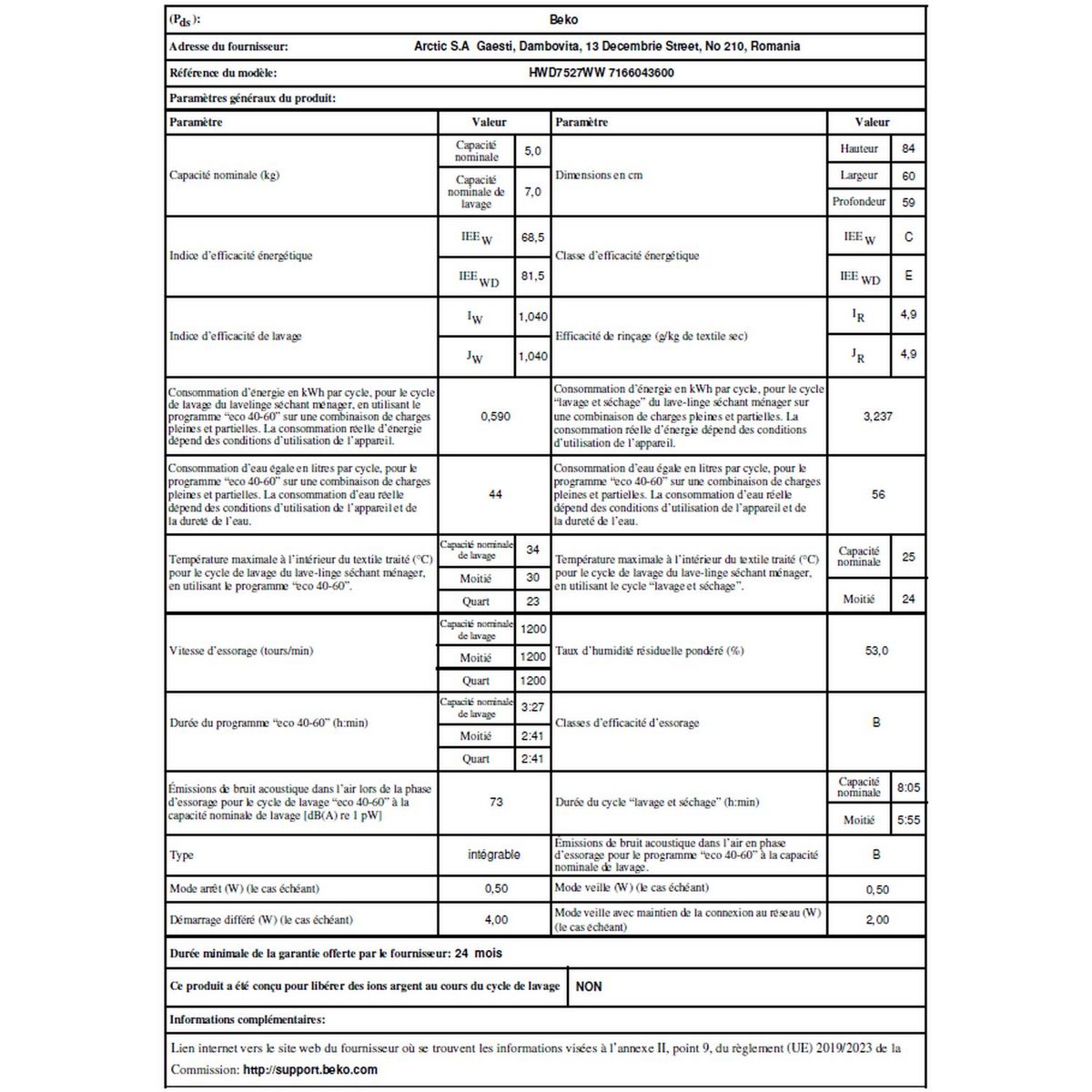 BEKO Lave linge séchant hublot HWD7527WW, 7 kg lavage, 5 kg séchage, 1200 T/min, Condensation, C