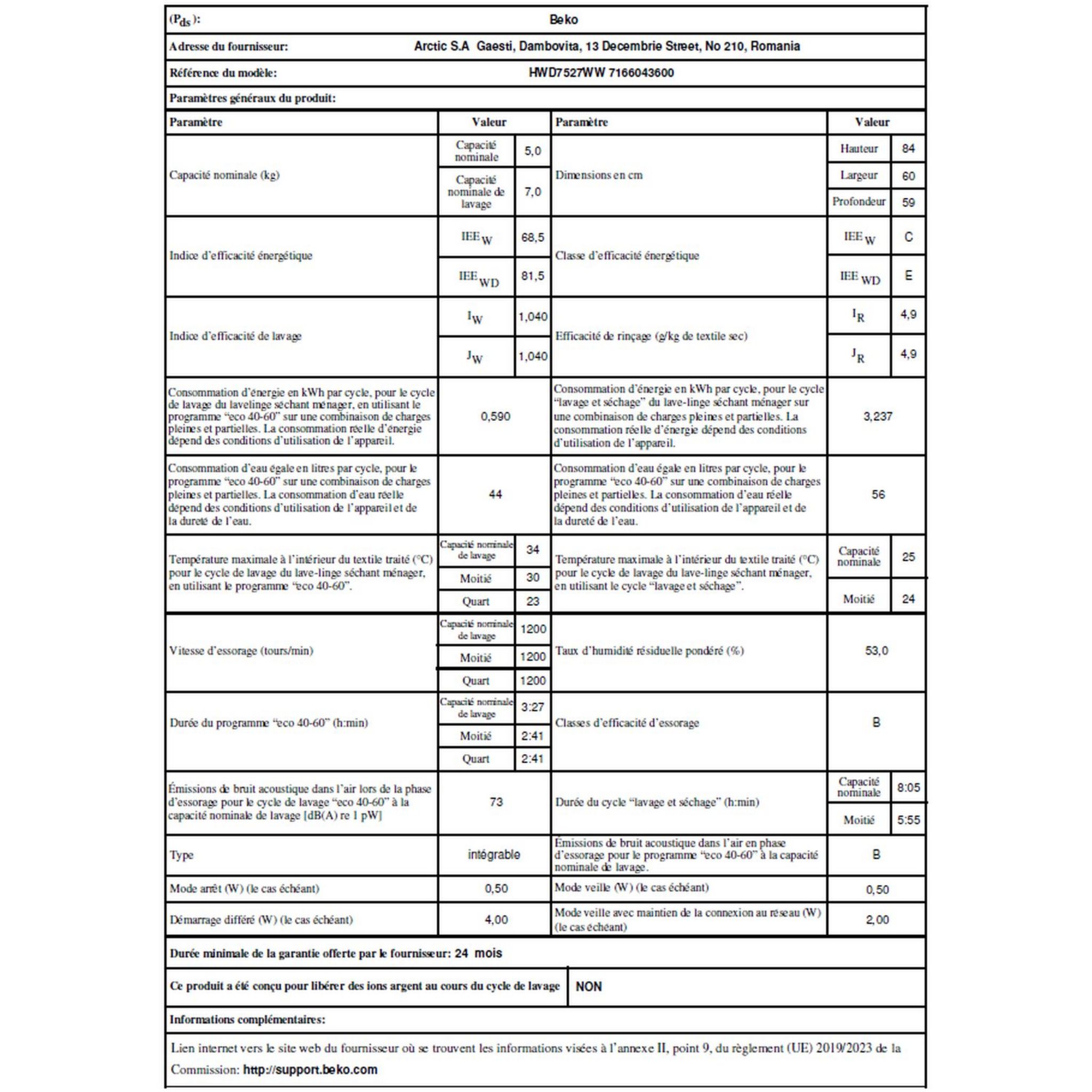Voir la diapositive 6 : BEKO Lave linge séchant hublot HWD7527WW, 7 kg lavage, 5 kg séchage, 1200 T/min, Condensation, C