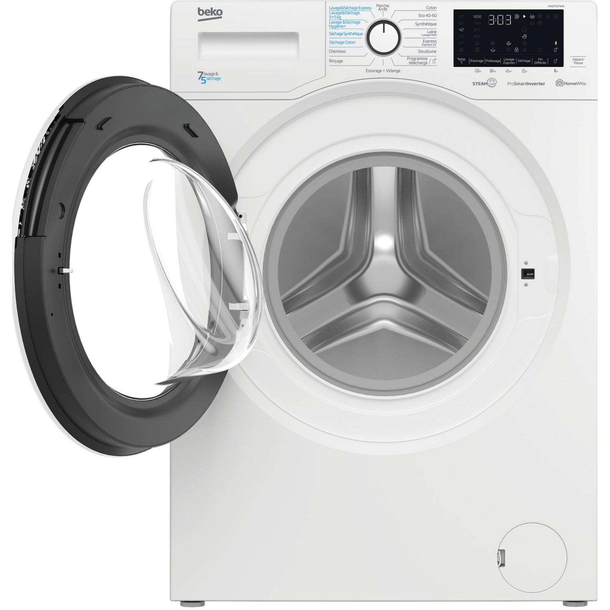Voir la diapositive 7 : BEKO Lave linge séchant hublot HWD7527WW, 7 kg lavage, 5 kg séchage, 1200 T/min, Condensation, C
