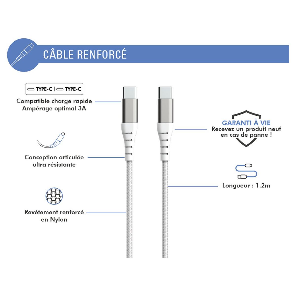 BIGBEN Câble de charge - Longueur du câble 1.2m - Blanc