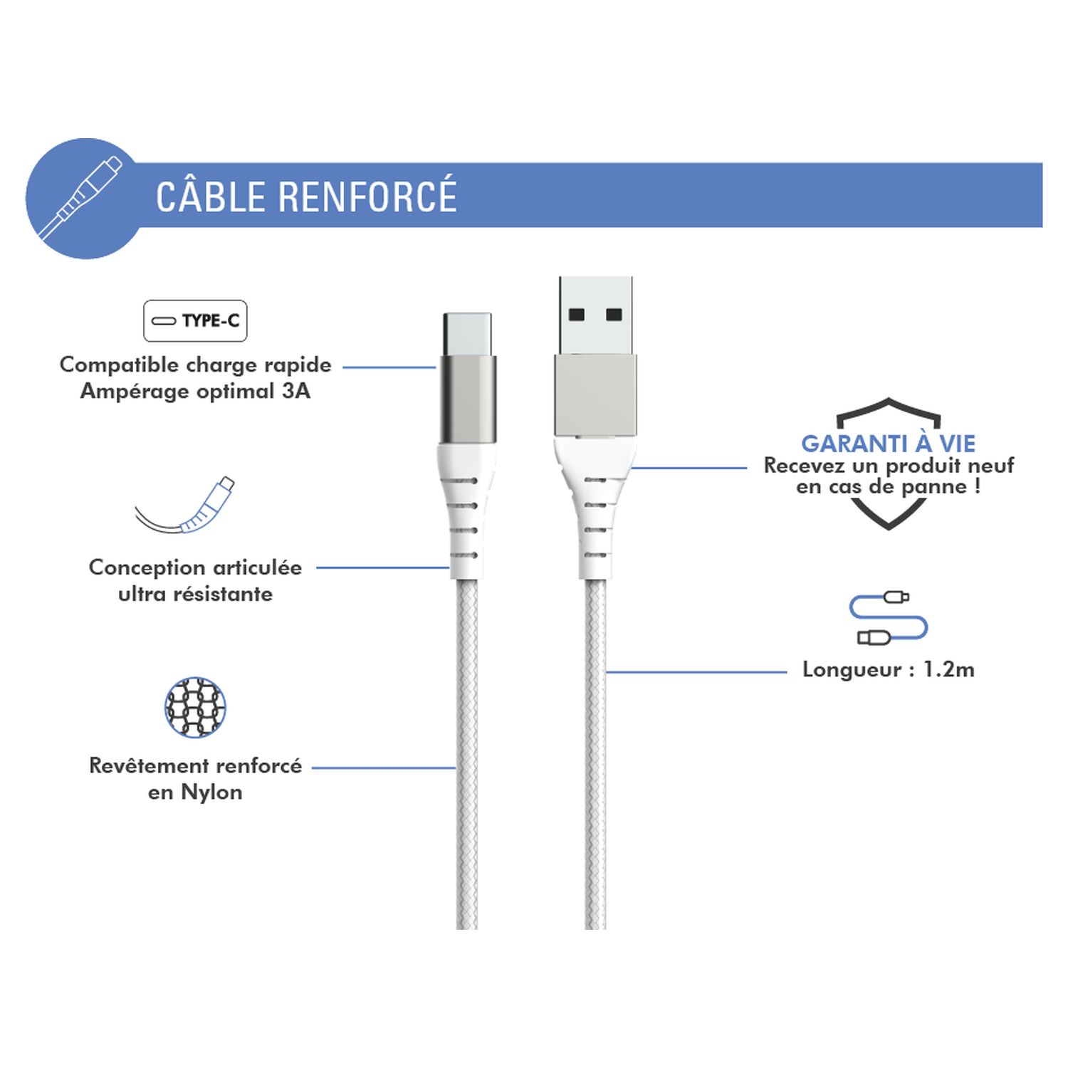 Voir la diapositive 4 : BIGBEN Câble de charge USB-C - Blanc