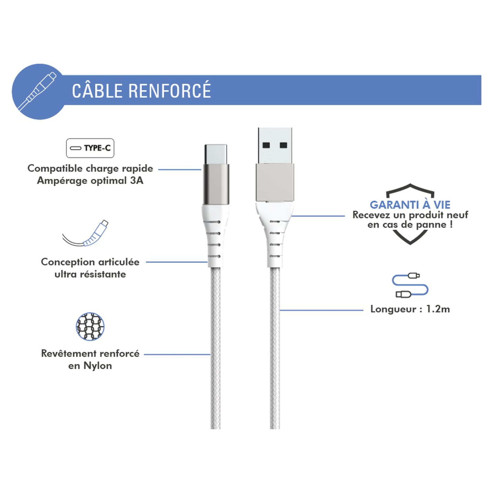 Voir la diapositive 4 : BIGBEN Câble de charge USB-C - Blanc
