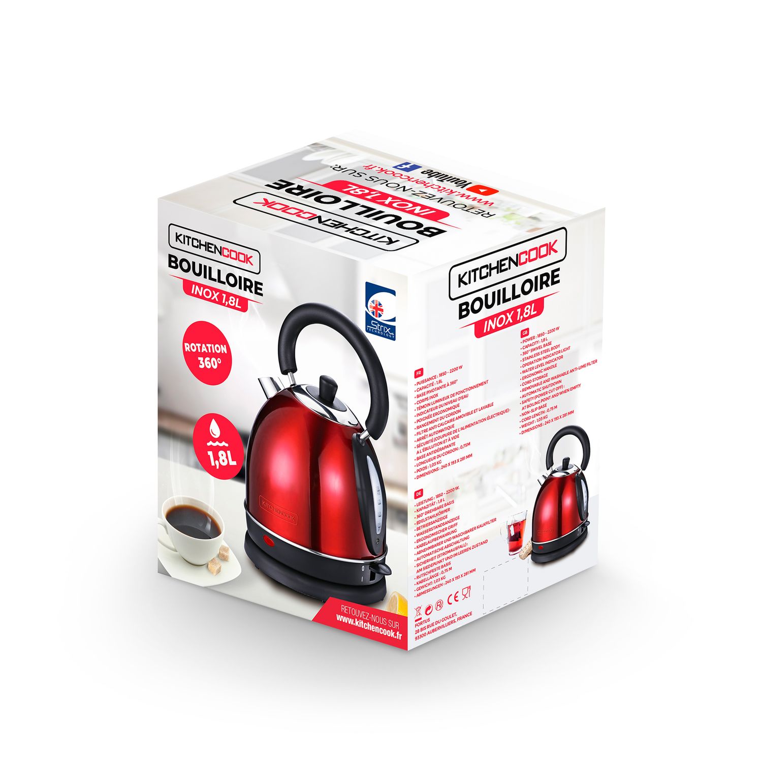 Voir la diapositive 10 : KITCHENCOOK Bouilloire électrique TEAKETTLE R - Rouge Inox