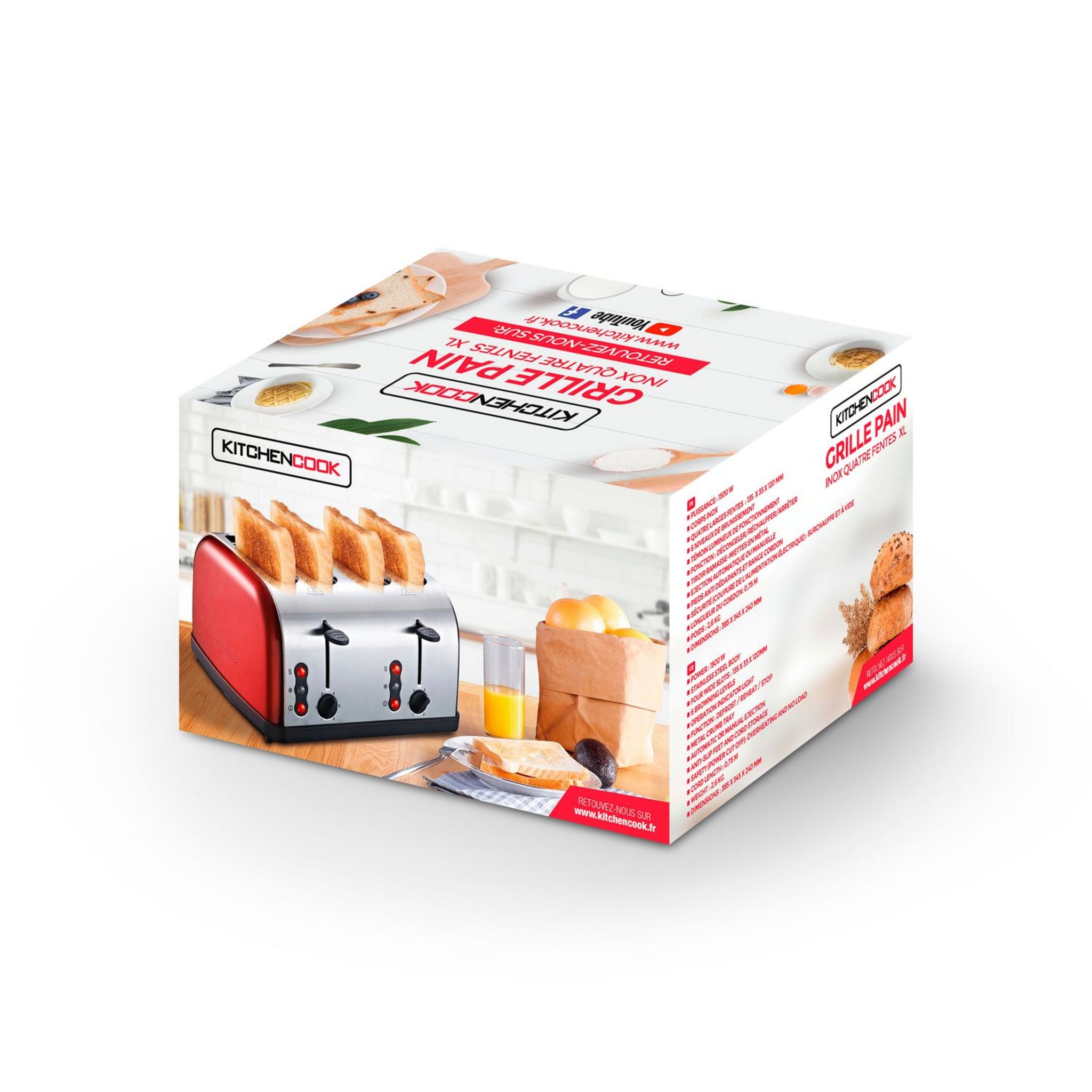 Voir la diapositive 2 : KITCHENCOOK Grille pain FAMILYXL - Inox rouge