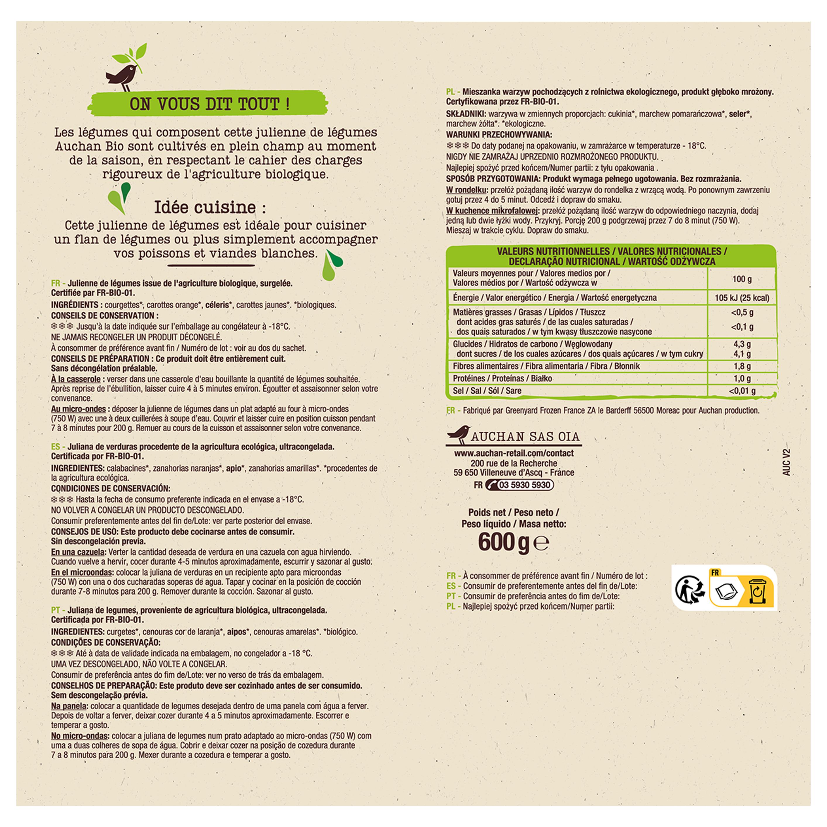 Voir la diapositive 3 : AUCHAN BIO Julienne de légumes 3 portions 600g