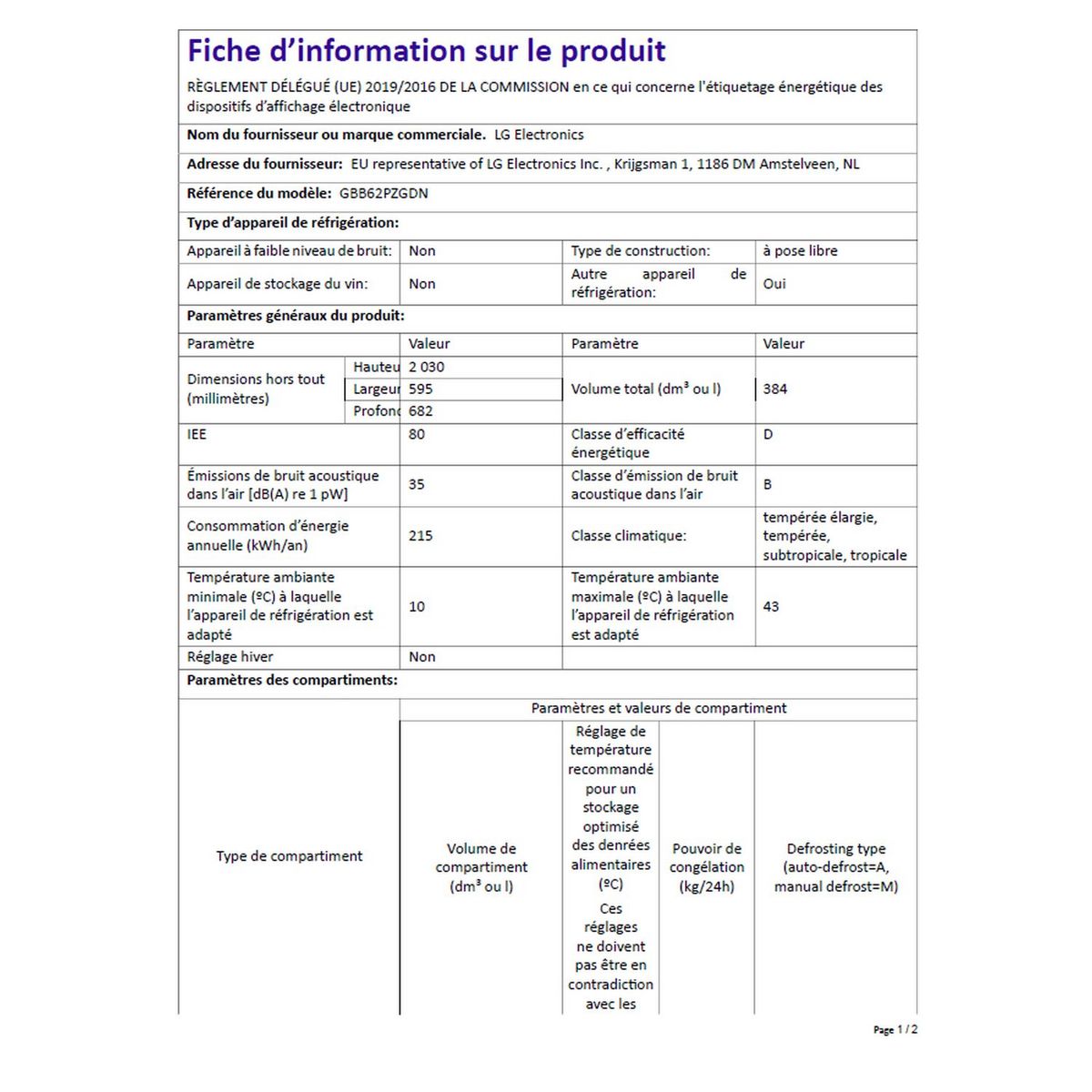 LG Réfrigérateur combiné GBB62PZGDN, 384 L, Froid ventilé No frost, D