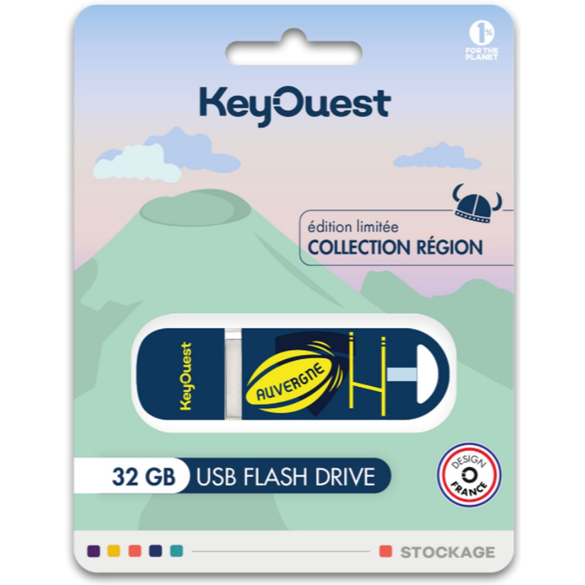 Voir la diapositive 2 : KEYOUEST Clé USB 32Go - Auvergne - Bleu foncé et jaune