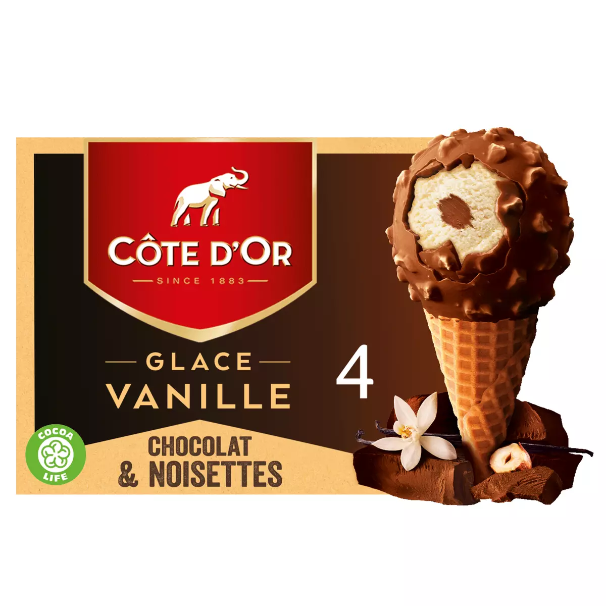 COTE D'OR Cône vanille chocolat et noisette 4 pièces 298g