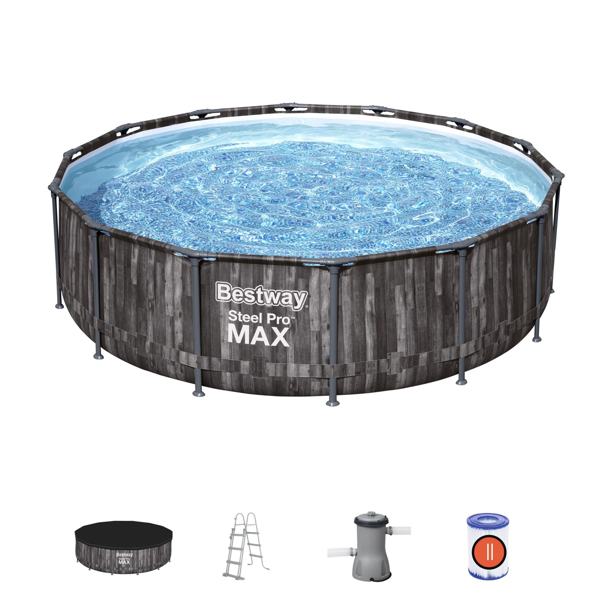 Voir la diapositive 2 : BESTWAY Piscine hors sol ronde Steel Pro Max™ 427 x 107 cm décor bois avec filtre à cartouche, bâche et échelle