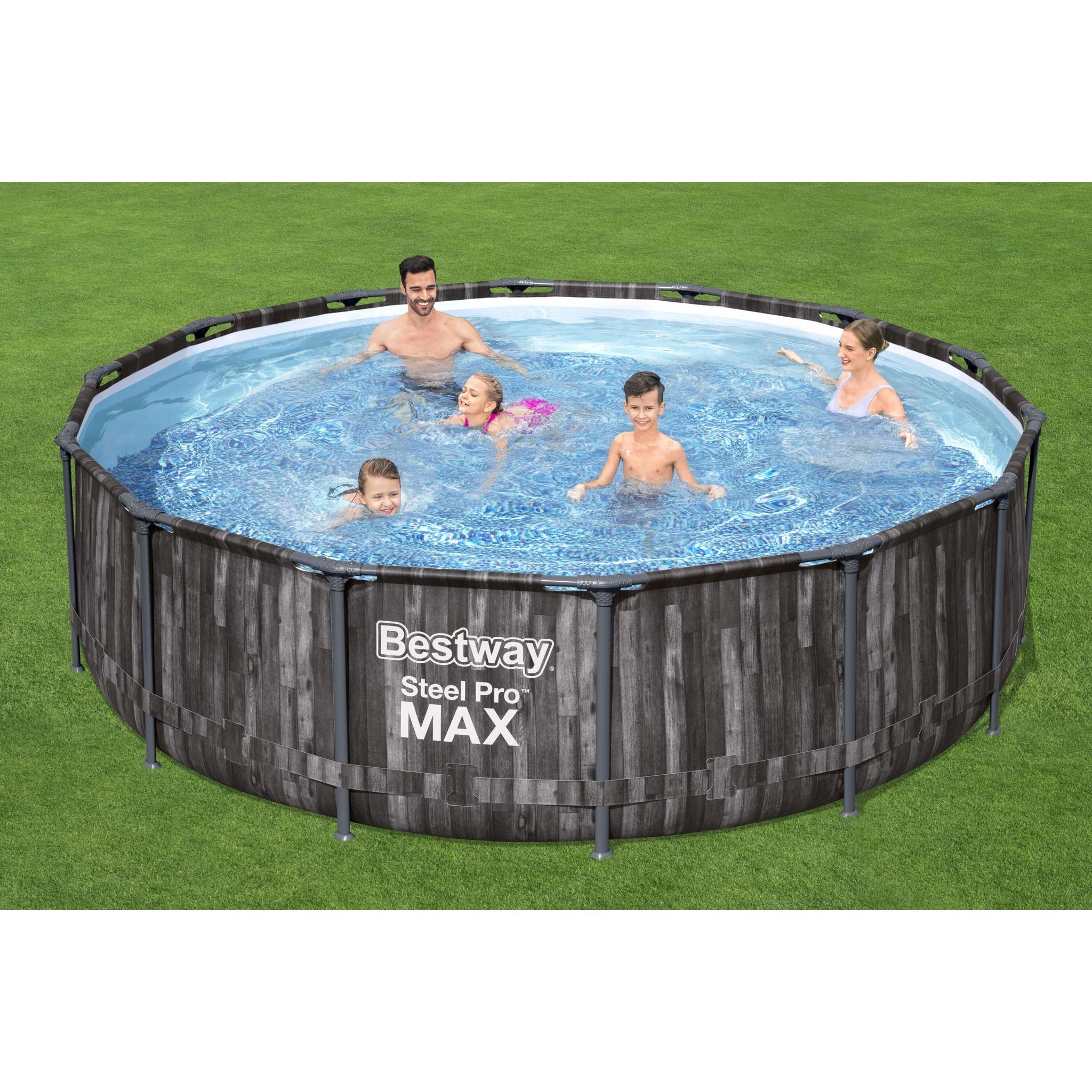 Voir la diapositive 4 : BESTWAY Piscine hors sol ronde Steel Pro Max™ 427 x 107 cm décor bois avec filtre à cartouche, bâche et échelle