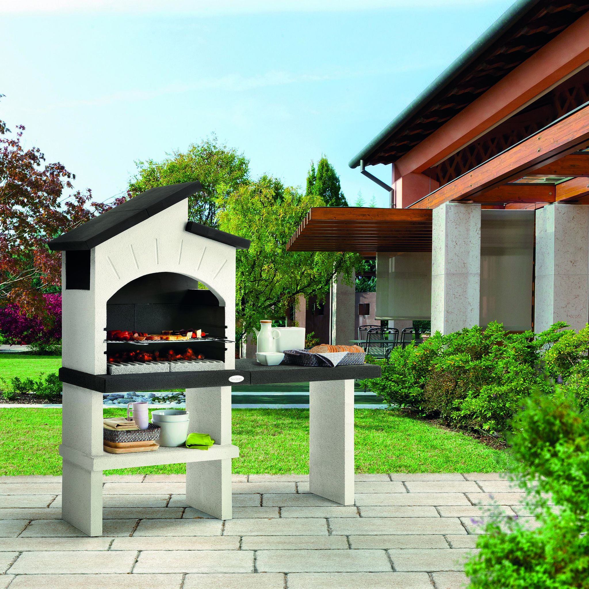 Voir la diapositive 3 : EASY GARDEN BY PALAZZETTI Barbecue fixe charbon - En pierre - Avec hotte et plan de travail - RAVELLO