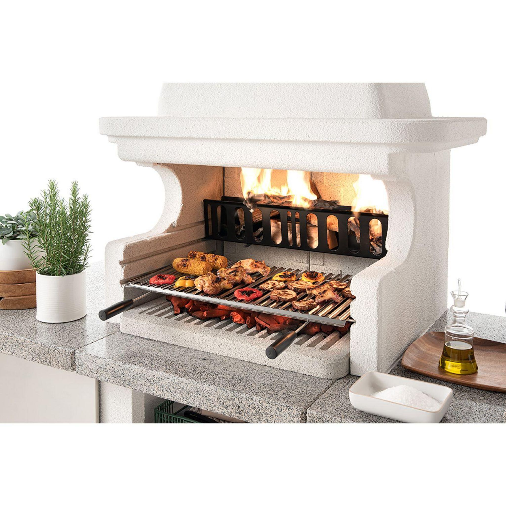 Voir la diapositive 2 : EASY GARDEN BY PALAZZETTI Barbecue fixe charbon - En pierre - Avec hotte, plan de travail et porte-bûche - GLASGOW