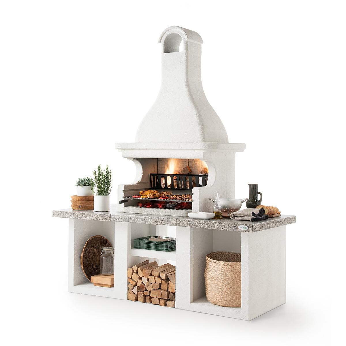 EASY GARDEN BY PALAZZETTI Barbecue fixe charbon - En pierre - Avec hotte, plan de travail et porte-bûche - GLASGOW