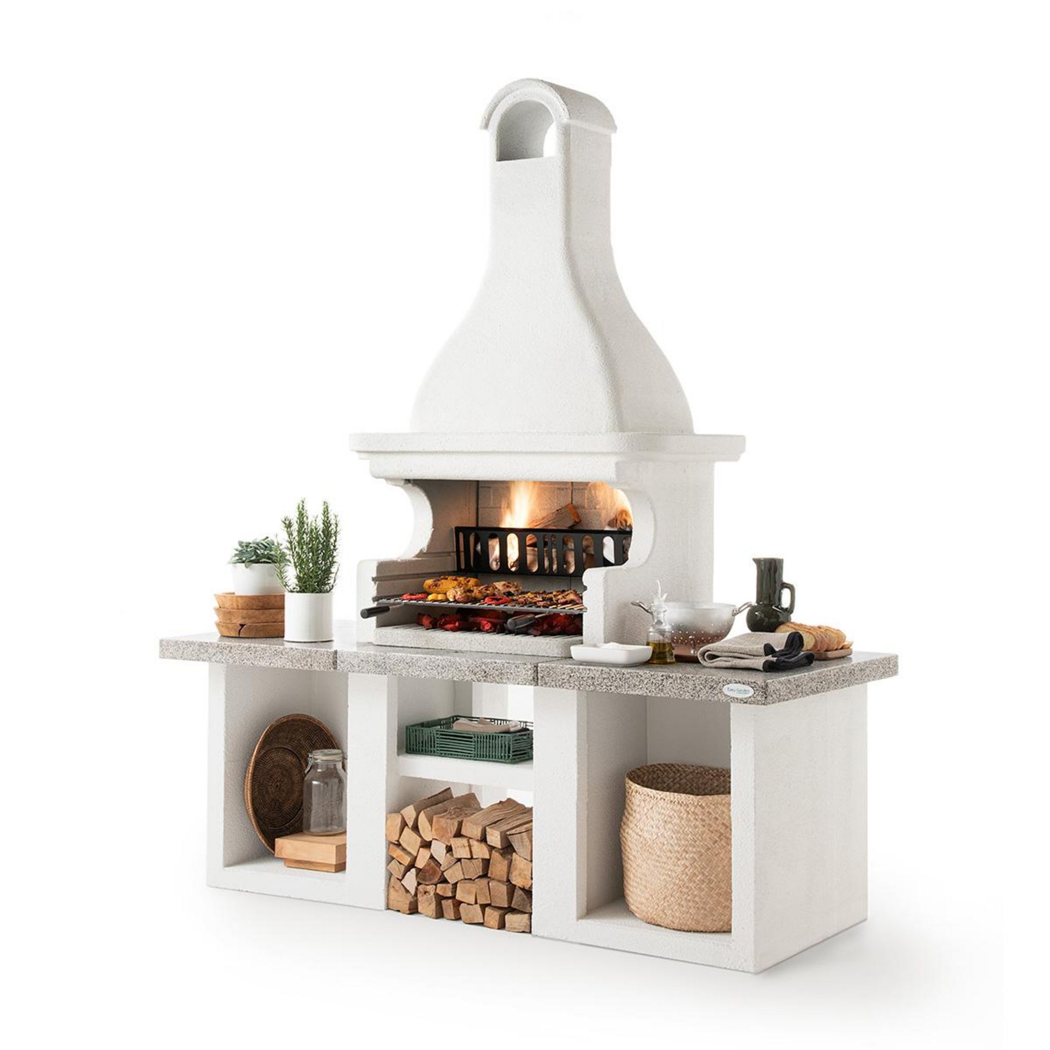 Voir la diapositive 3 : EASY GARDEN BY PALAZZETTI Barbecue fixe charbon - En pierre - Avec hotte, plan de travail et porte-bûche - GLASGOW