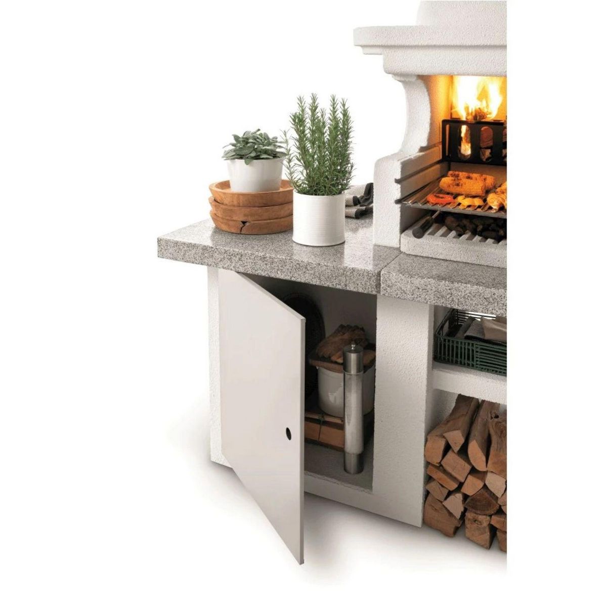 EASY GARDEN BY PALAZZETTI Barbecue fixe charbon - En pierre - Avec hotte, plan de travail et porte-bûche - GLASGOW