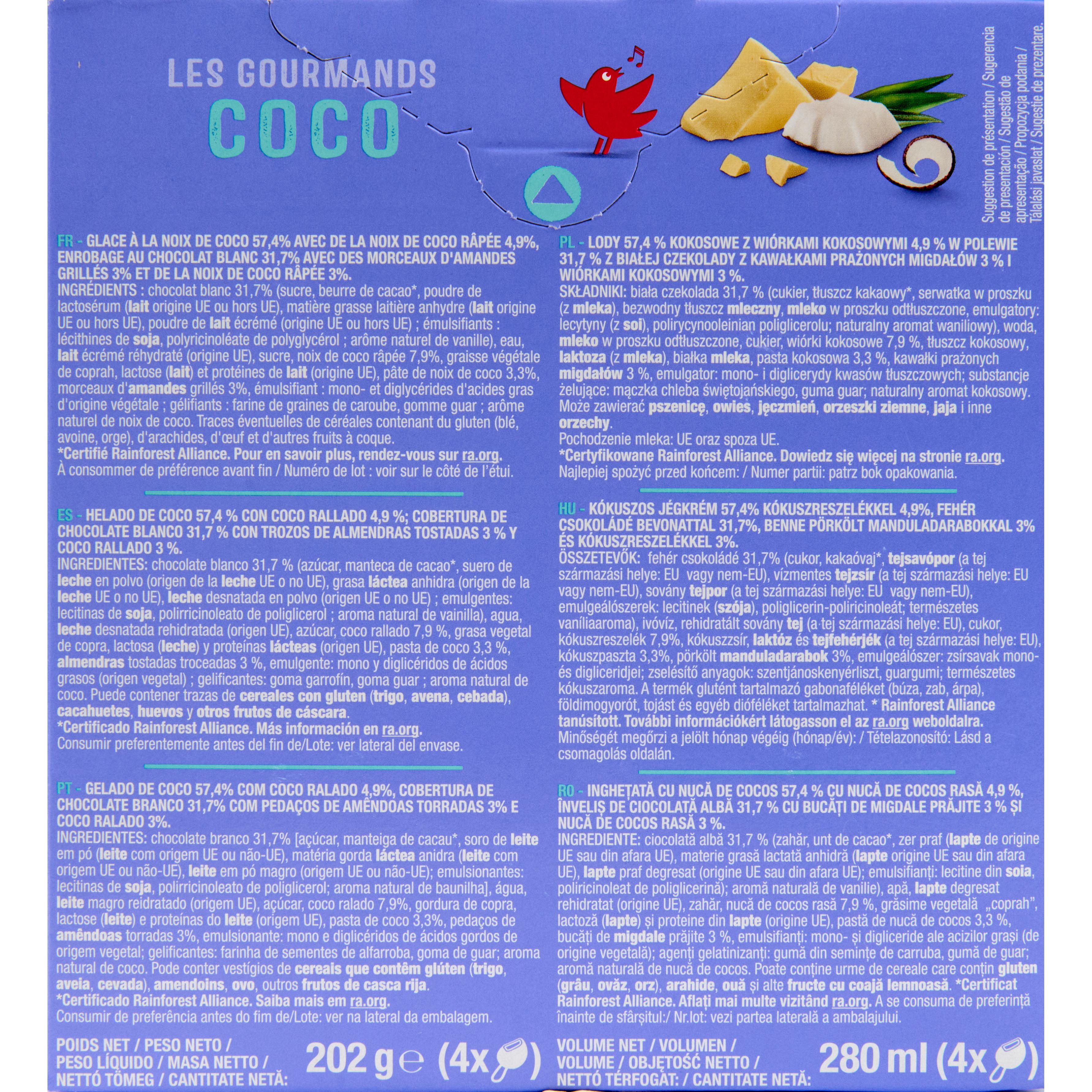 Voir la diapositive 4 : AUCHAN Bâtonnets glacés façon rocher à la noix de coco 4 pièces 202g