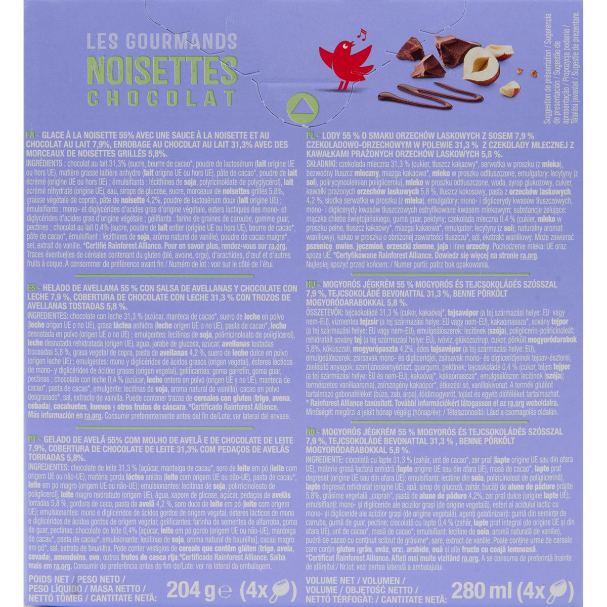 AUCHAN Bâtonnets glacés façon rocher chocolat noisette 4 pièces 204g