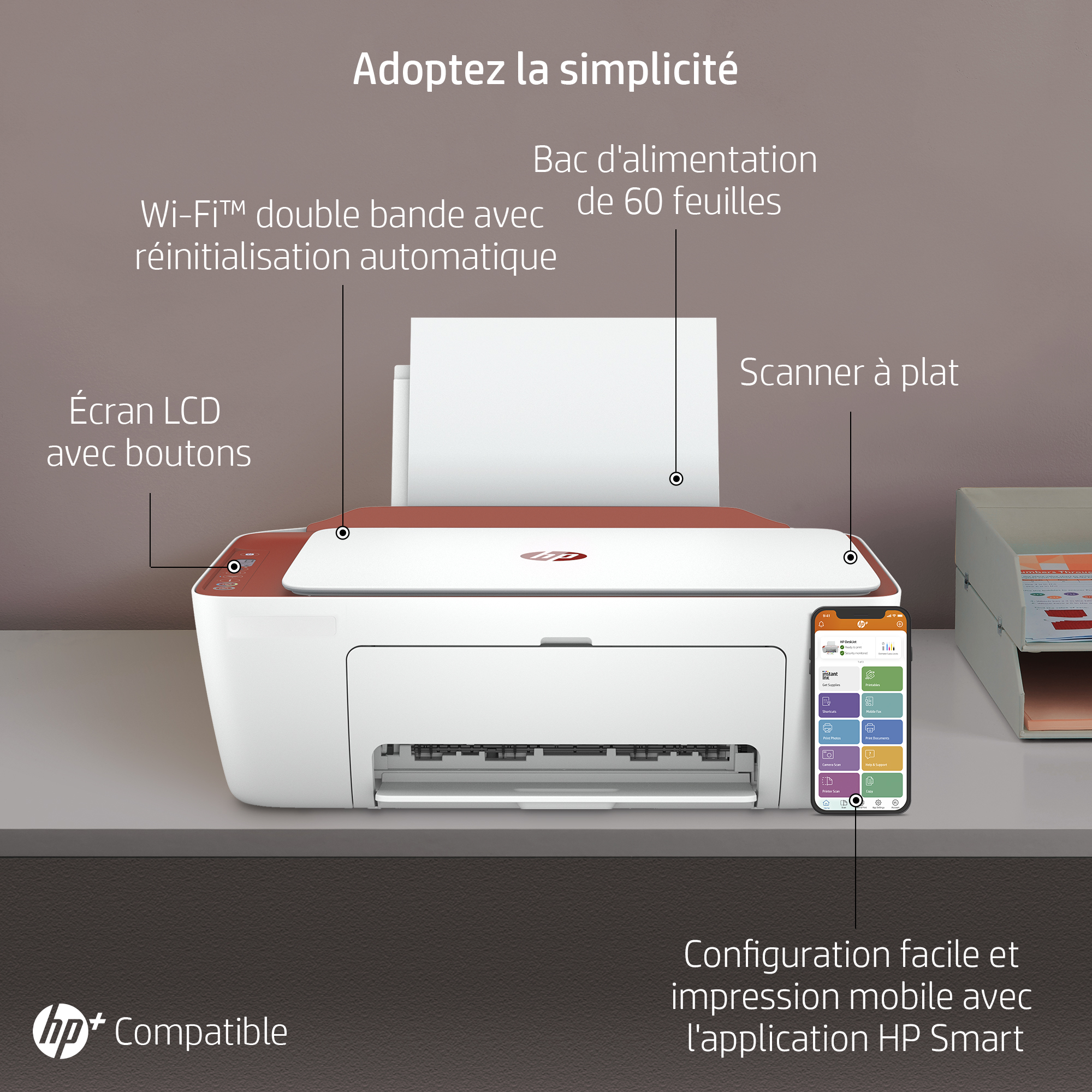 Voir la diapositive 3 : HP Imprimante DESKJET 2723E Terracotta - compatible Instant Ink 