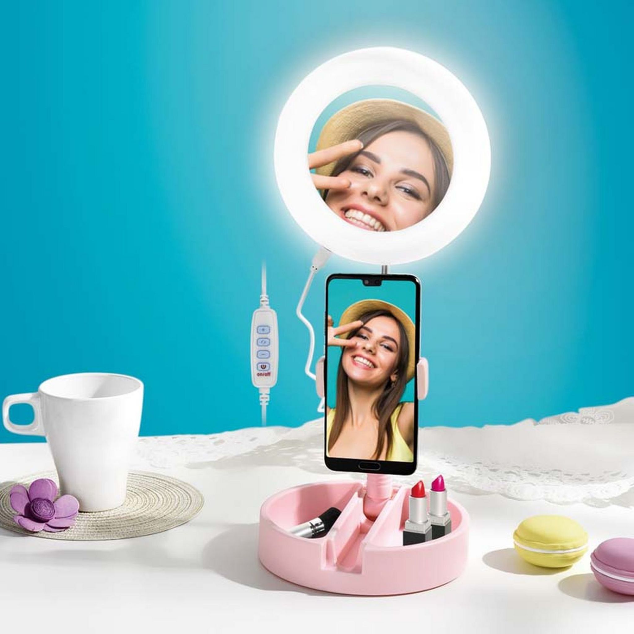 Voir la diapositive 2 : YOGHI Miroir selfie LED MRR1  - Rose