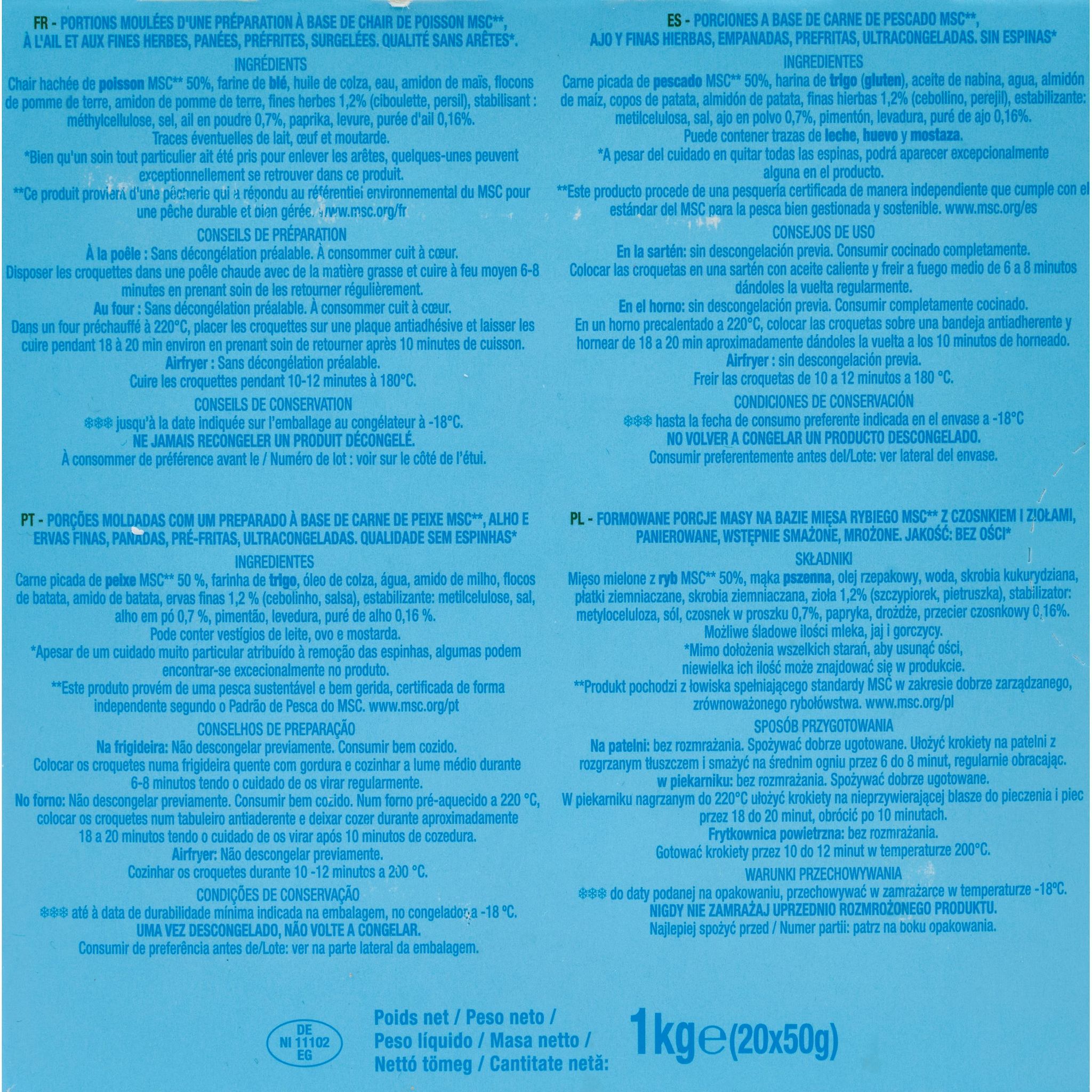 Voir la diapositive 2 : AUCHAN Croquettes de poisson ail et fines herbes MSC 20 pièces 1kg