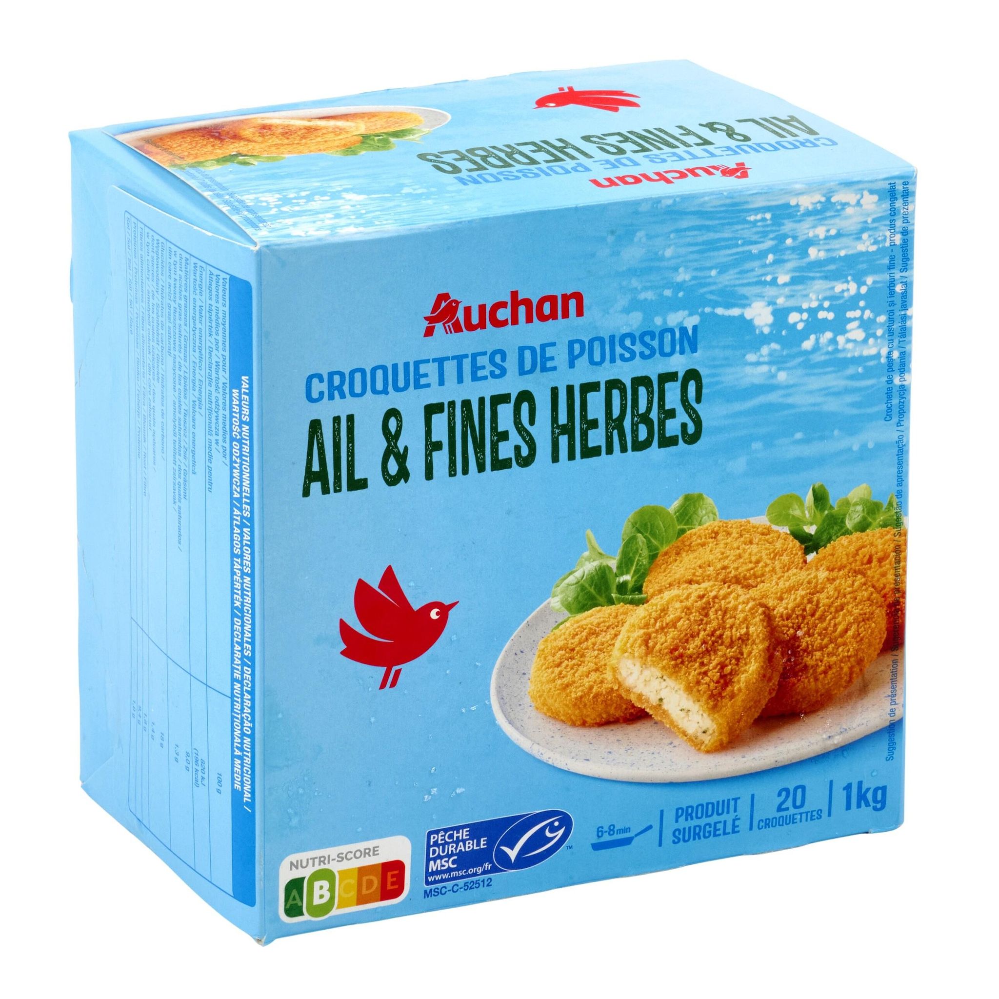 Voir la diapositive 4 : AUCHAN Croquettes de poisson ail et fines herbes MSC 20 pièces 1kg