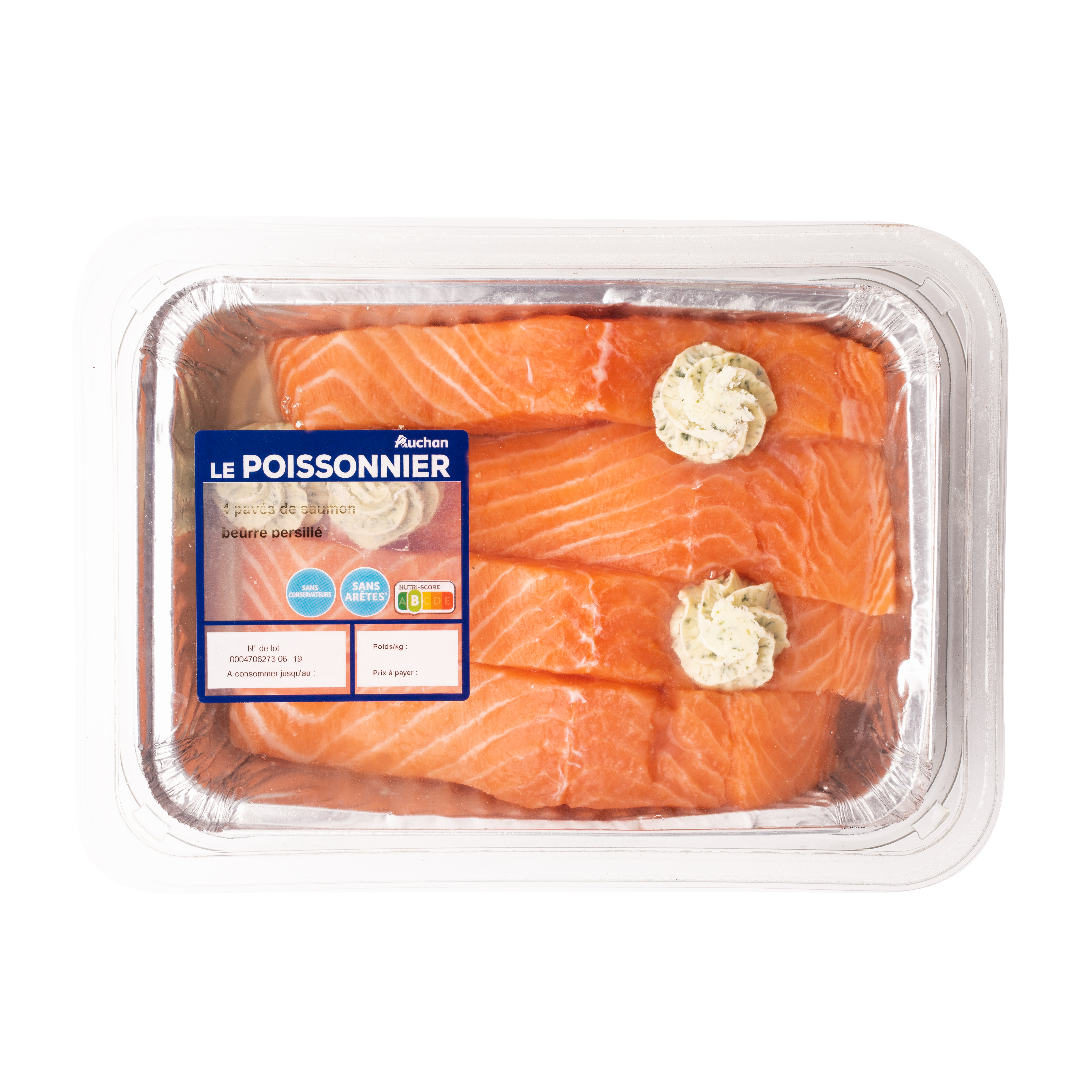Voir la diapositive 2 : AUCHAN LE POISSONNIER Pavé de saumon et noisette de beurre persillé 4 pièces 500g