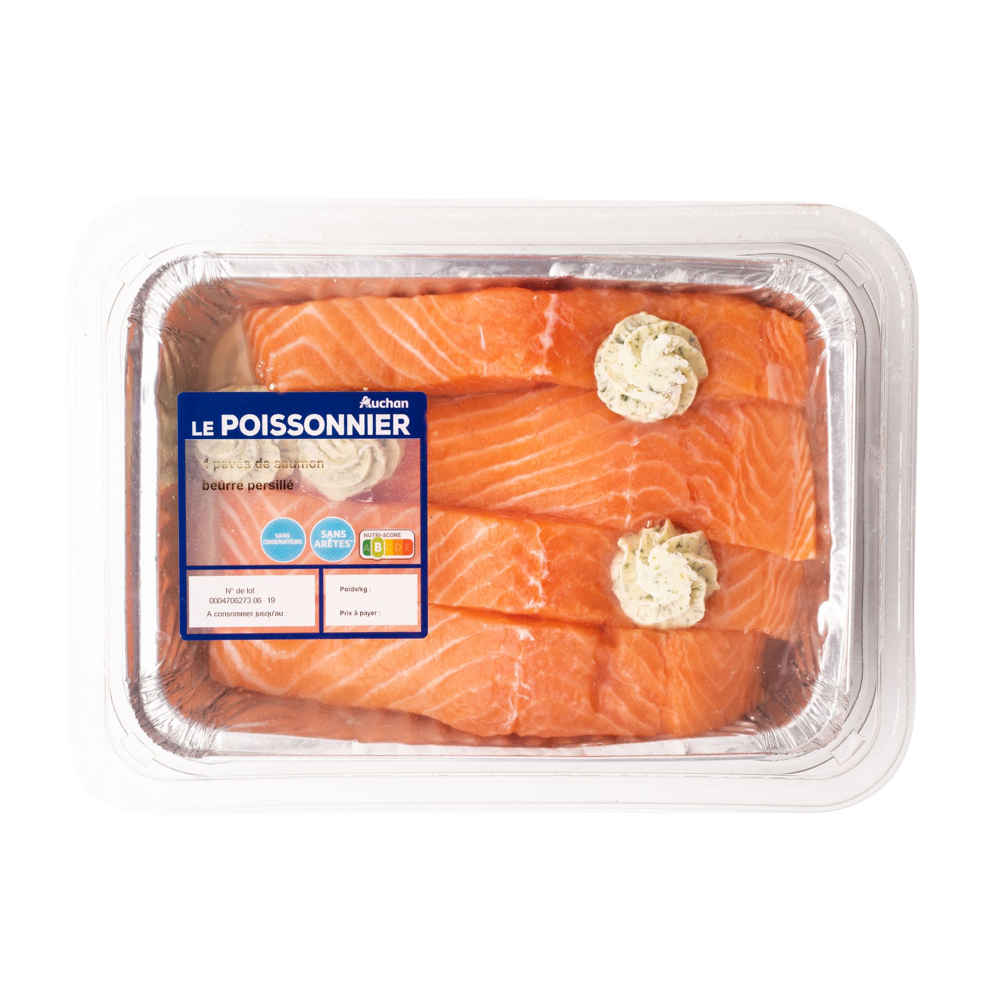 Voir la diapositive 2 : AUCHAN LE POISSONNIER Pavé de saumon et noisette de beurre persillé 4 pièces 500g