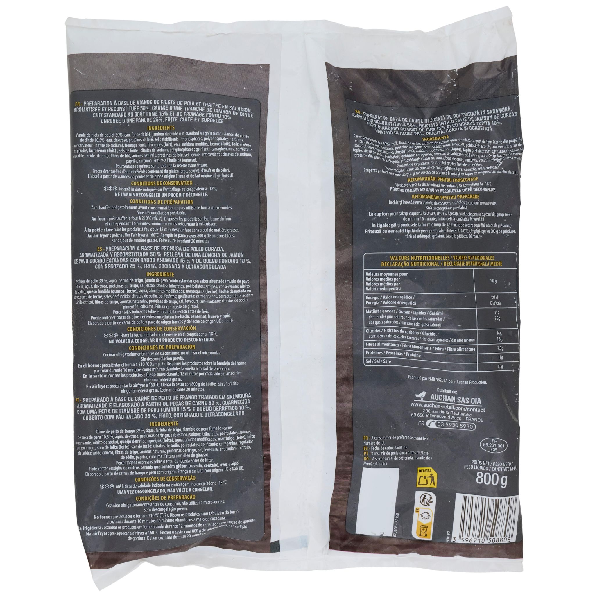 Voir la diapositive 2 : AUCHAN Cordons bleus de poulet 8 pièces 800g