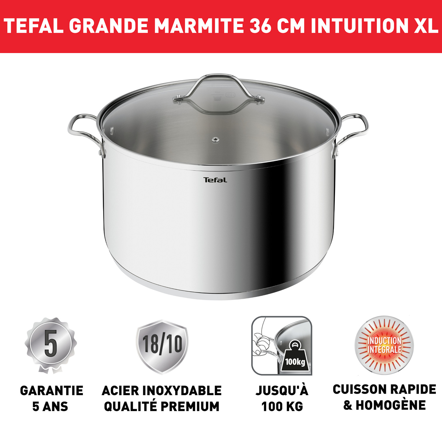 Voir la diapositive 2 : TEFAL Marmite 36 cm (20 L) tous feux dont induction avec couvercle INTUITION XL