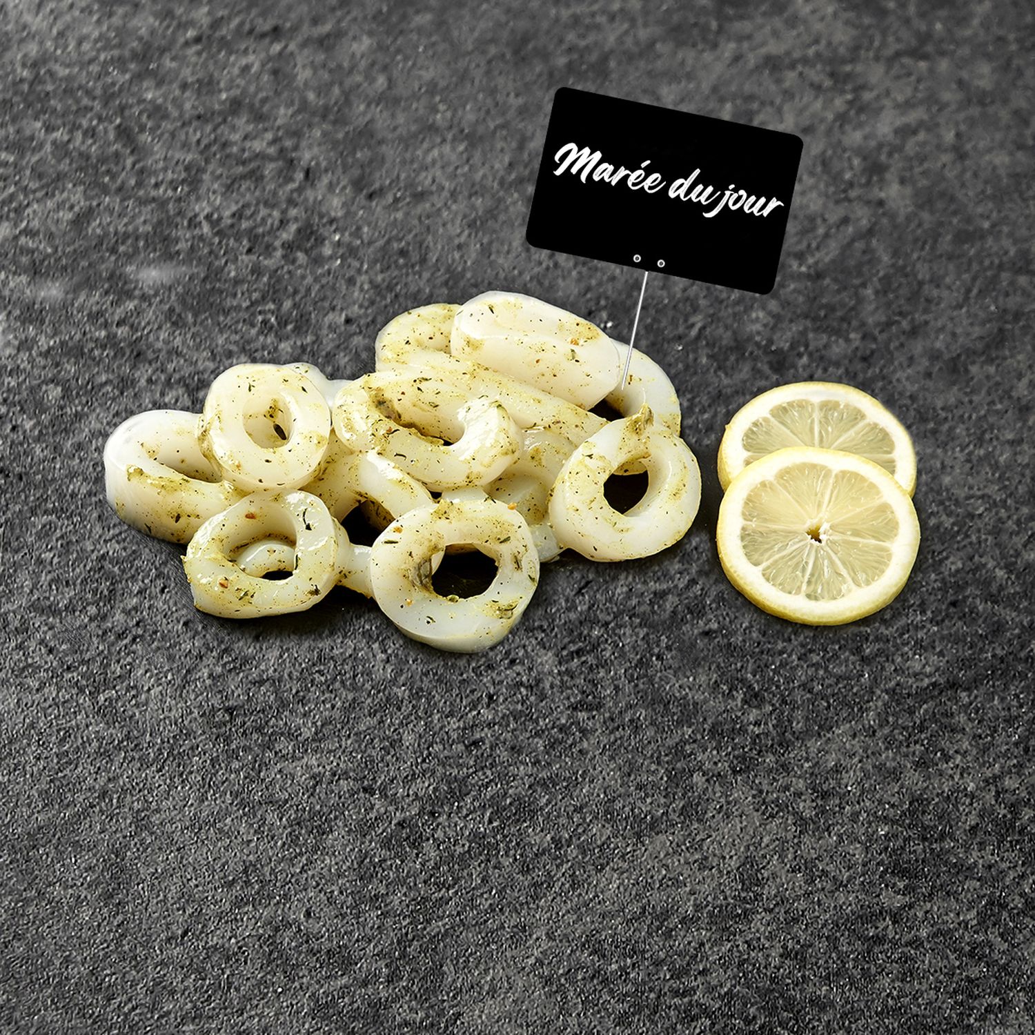 Voir la diapositive 2 : LA MARÉE DU JOUR Anneaux d'encornet décongelés marinés thym citron 250gr