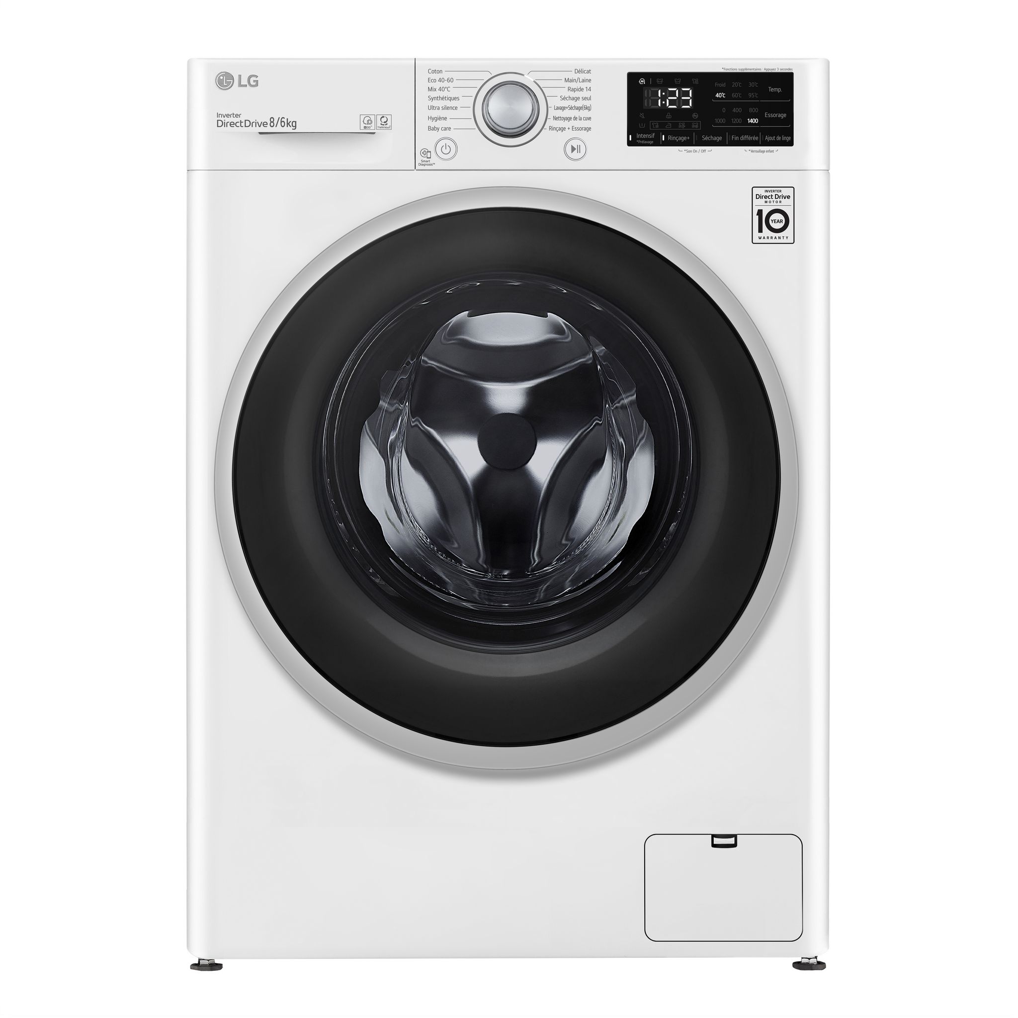 Voir la diapositive 1 : LG linge séchant hublot F864V37WR, 8 kg lavage, 6 kg séchage, 1400 T/min, E