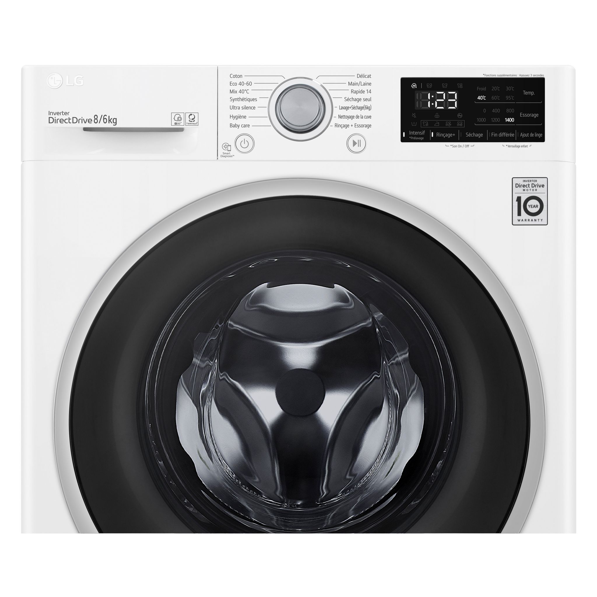 Voir la diapositive 4 : LG linge séchant hublot F864V37WR, 8 kg lavage, 6 kg séchage, 1400 T/min, E