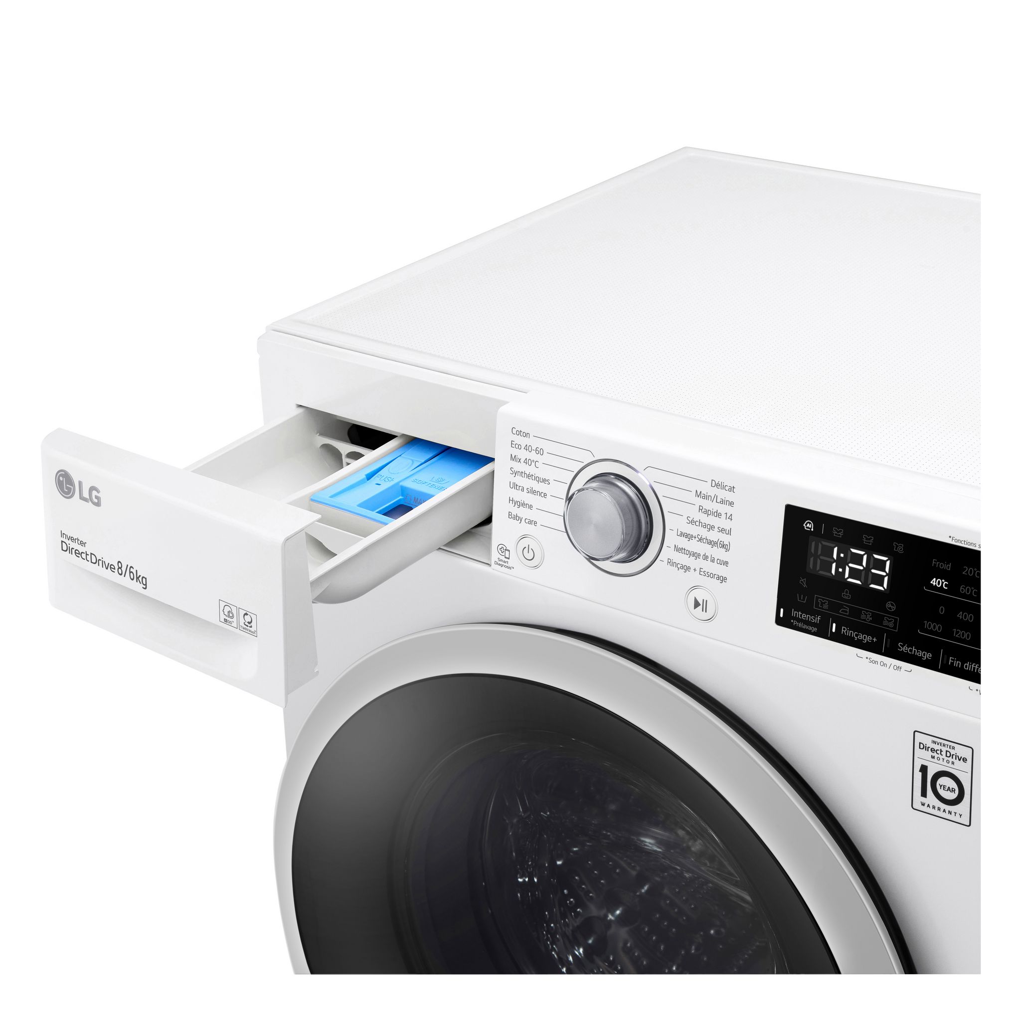 Voir la diapositive 6 : LG linge séchant hublot F864V37WR, 8 kg lavage, 6 kg séchage, 1400 T/min, E