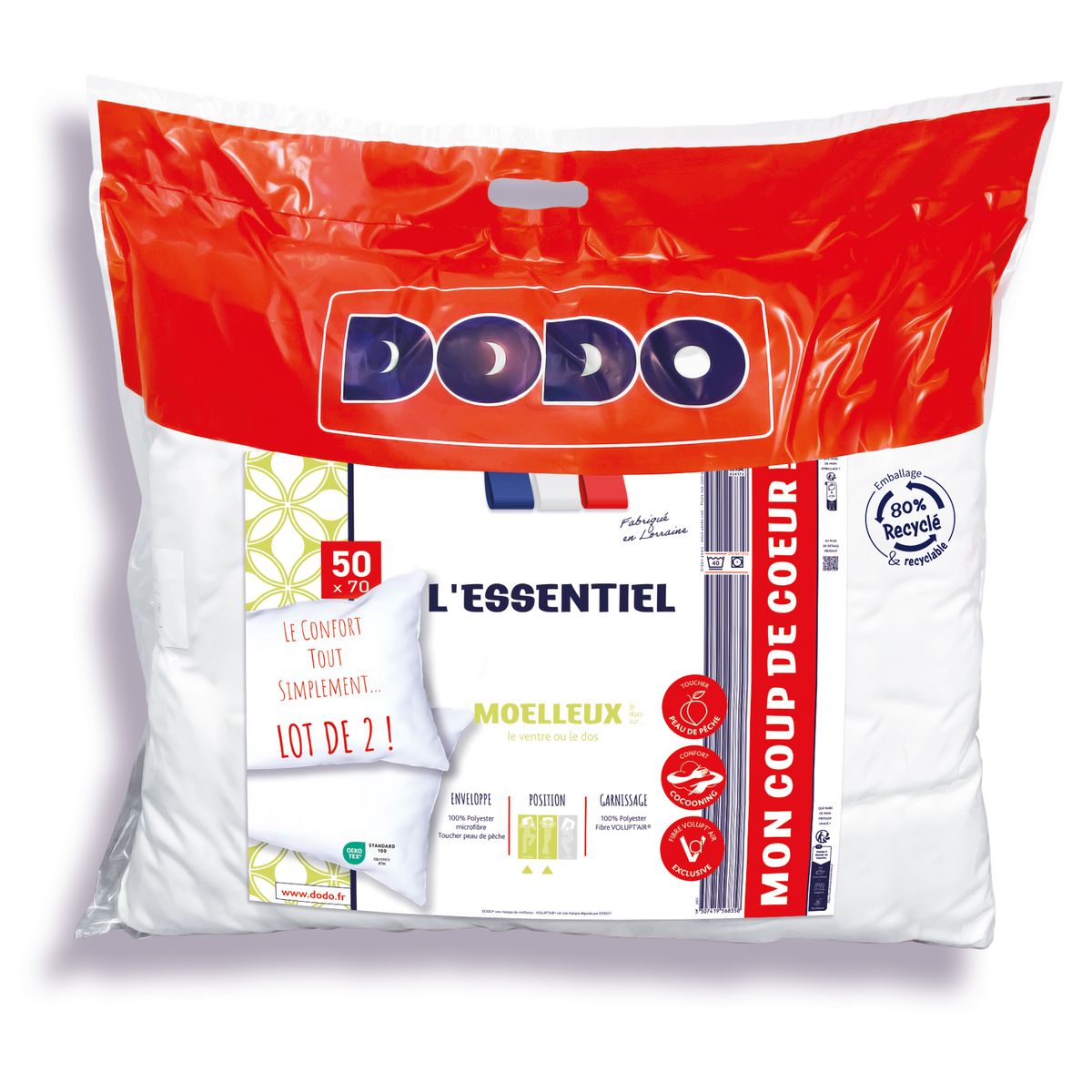 DODO Lot de 2 oreillers confort moelleux L'ESSENTIEL